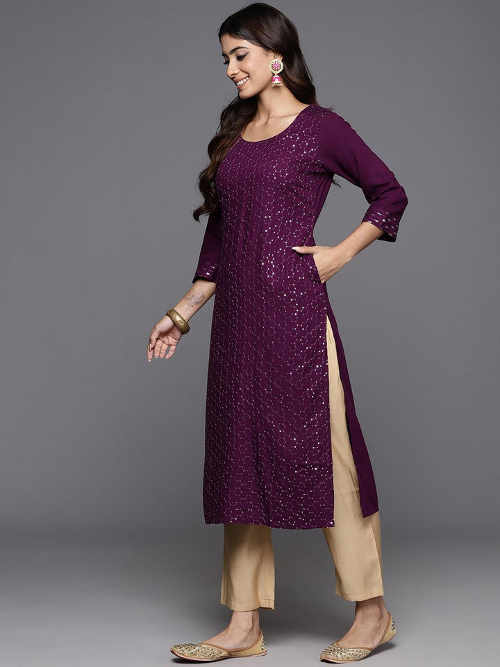 Wine Embroidered Rayon Straight Kurta - ShopLibas