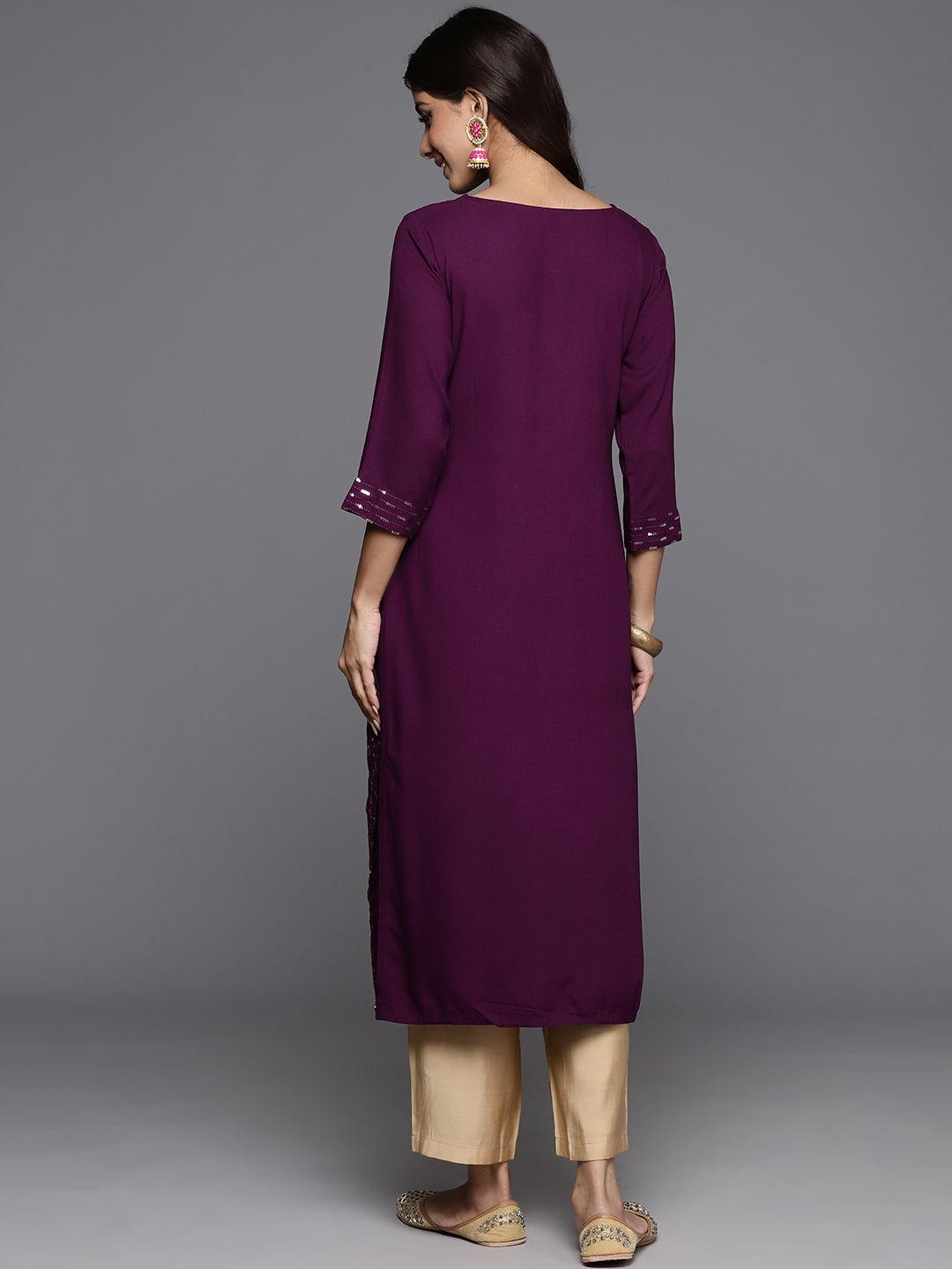Wine Embroidered Rayon Straight Kurta - ShopLibas