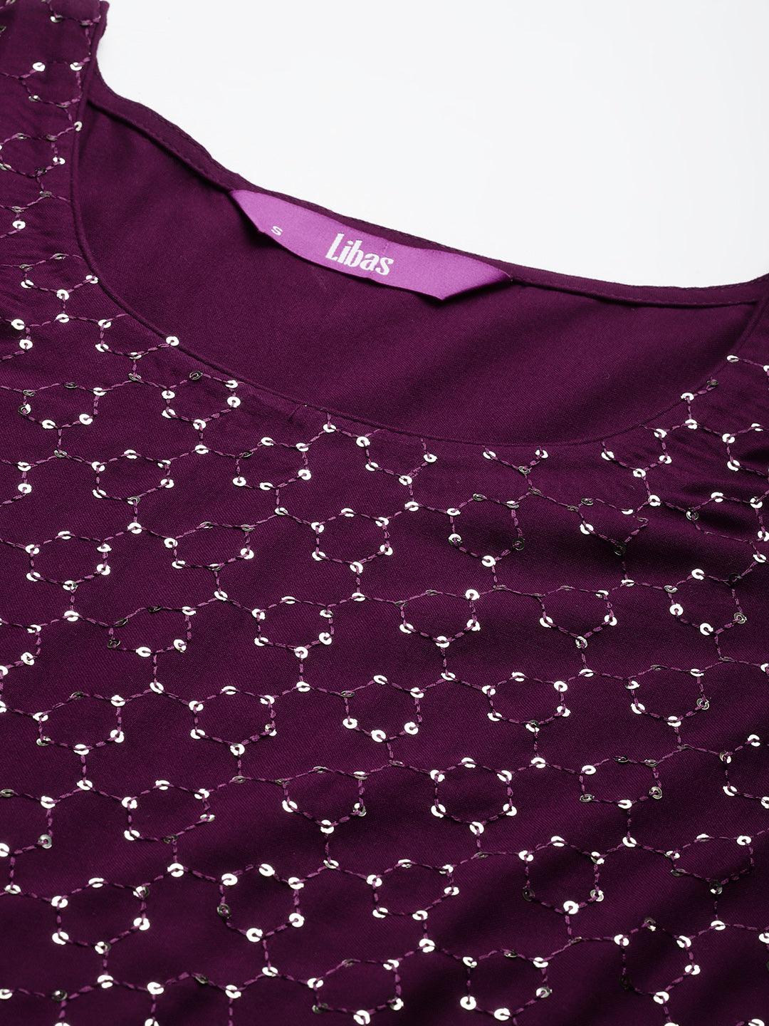 Wine Embroidered Rayon Straight Kurta - ShopLibas