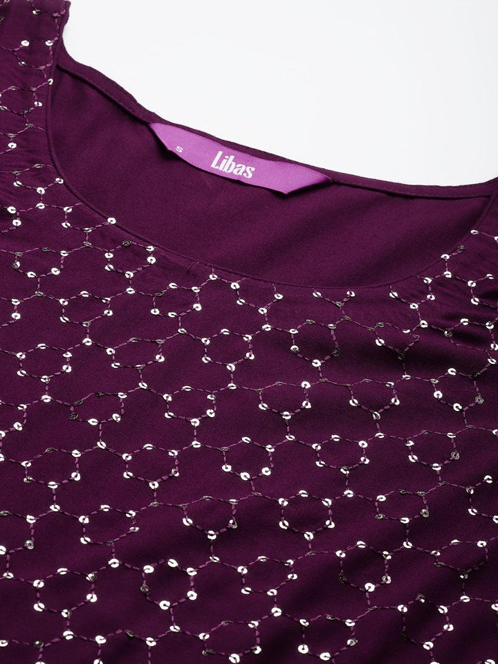 Wine Embroidered Rayon Straight Kurta - ShopLibas