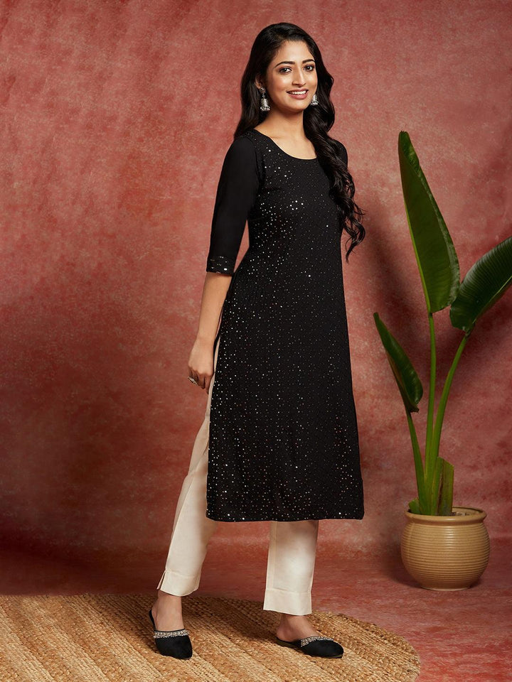 Black Embellished Rayon Straight Kurta - ShopLibas
