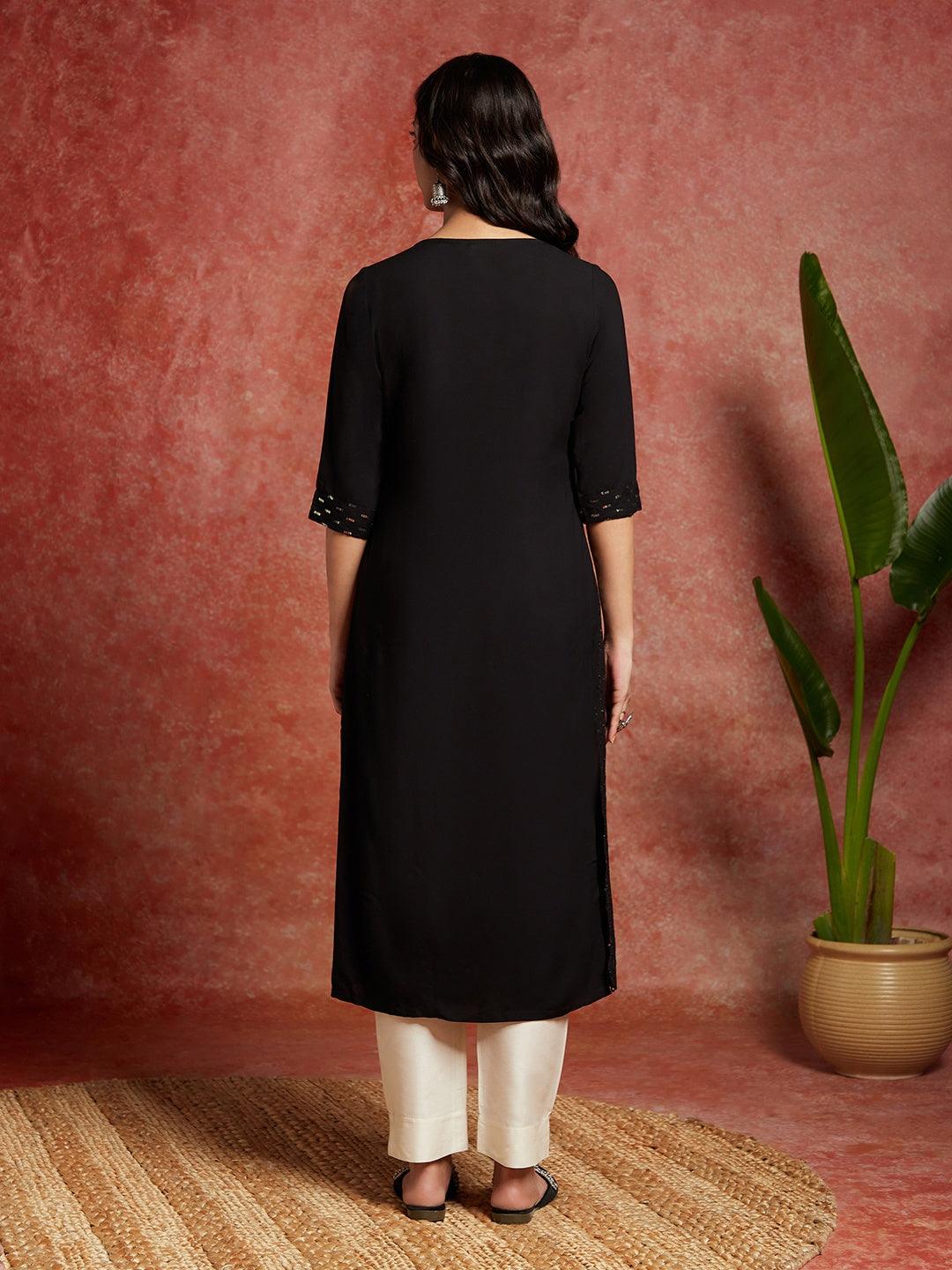 Black Embellished Rayon Straight Kurta - ShopLibas