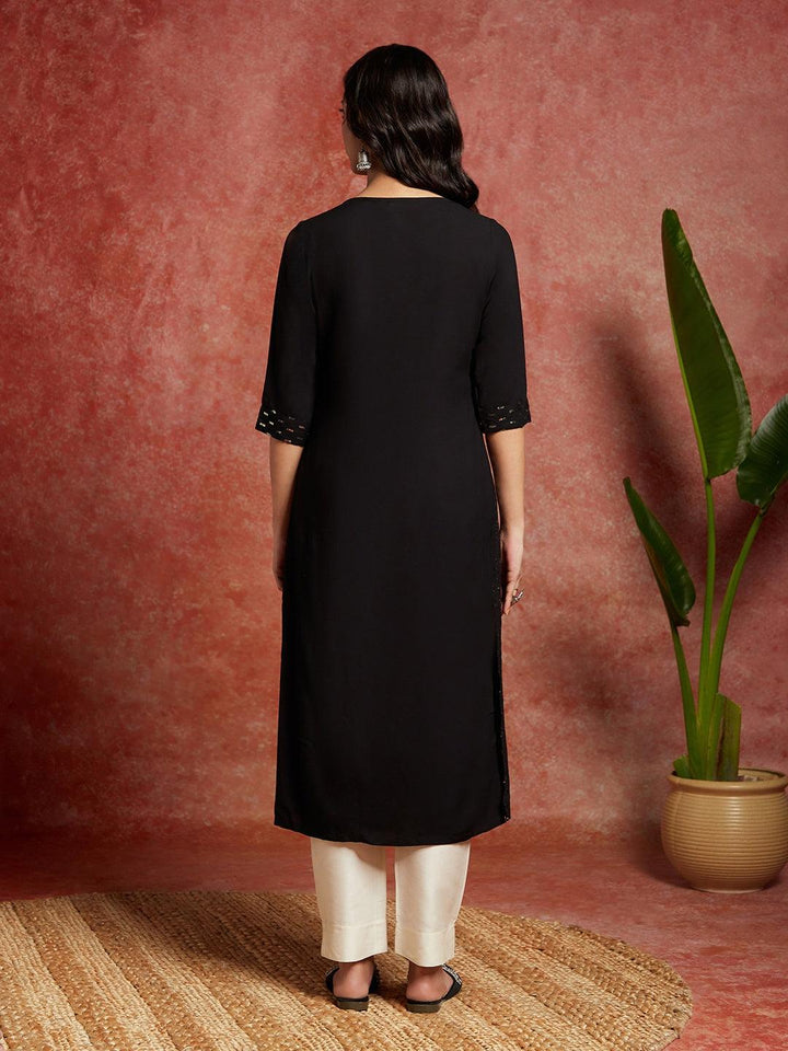 Black Embellished Rayon Straight Kurta - ShopLibas