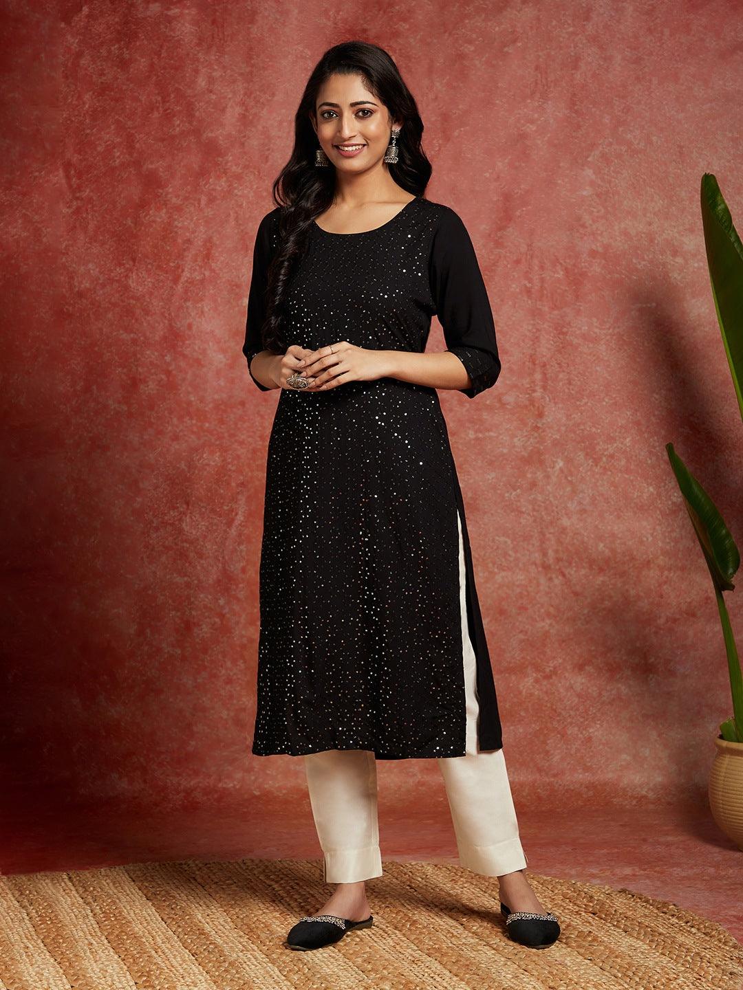 Black Embellished Rayon Straight Kurta - ShopLibas
