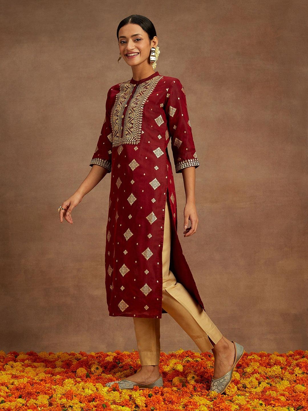 Maroon Woven Design Chanderi Silk Straight Kurta - ShopLibas