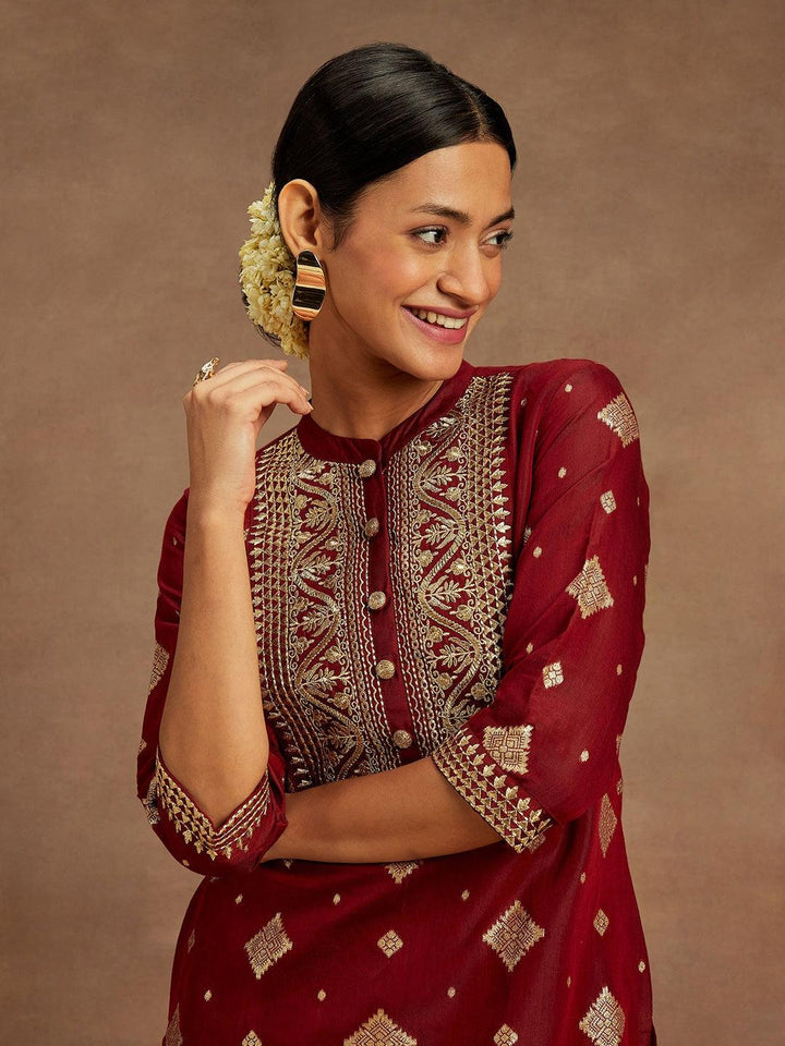 Maroon Woven Design Chanderi Silk Straight Kurta - ShopLibas