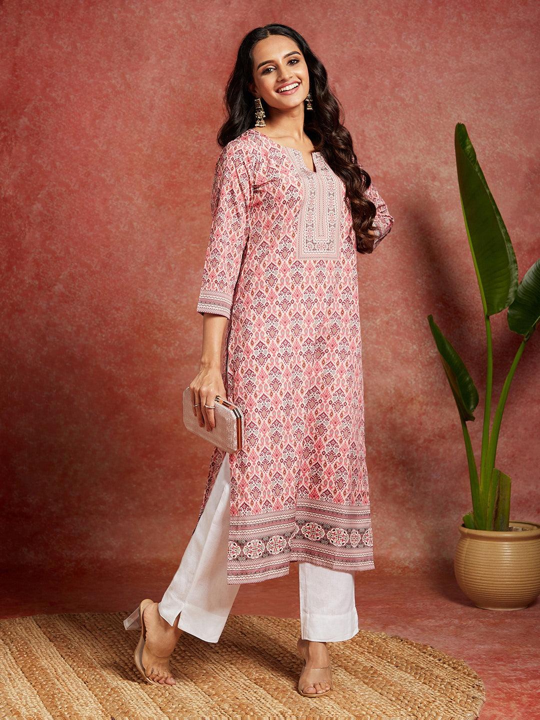 Pink Printed Crepe Straight Kurta - ShopLibas
