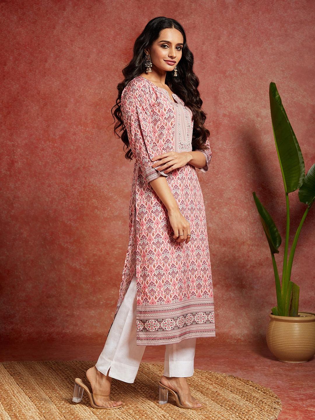 Pink Printed Crepe Straight Kurta - ShopLibas