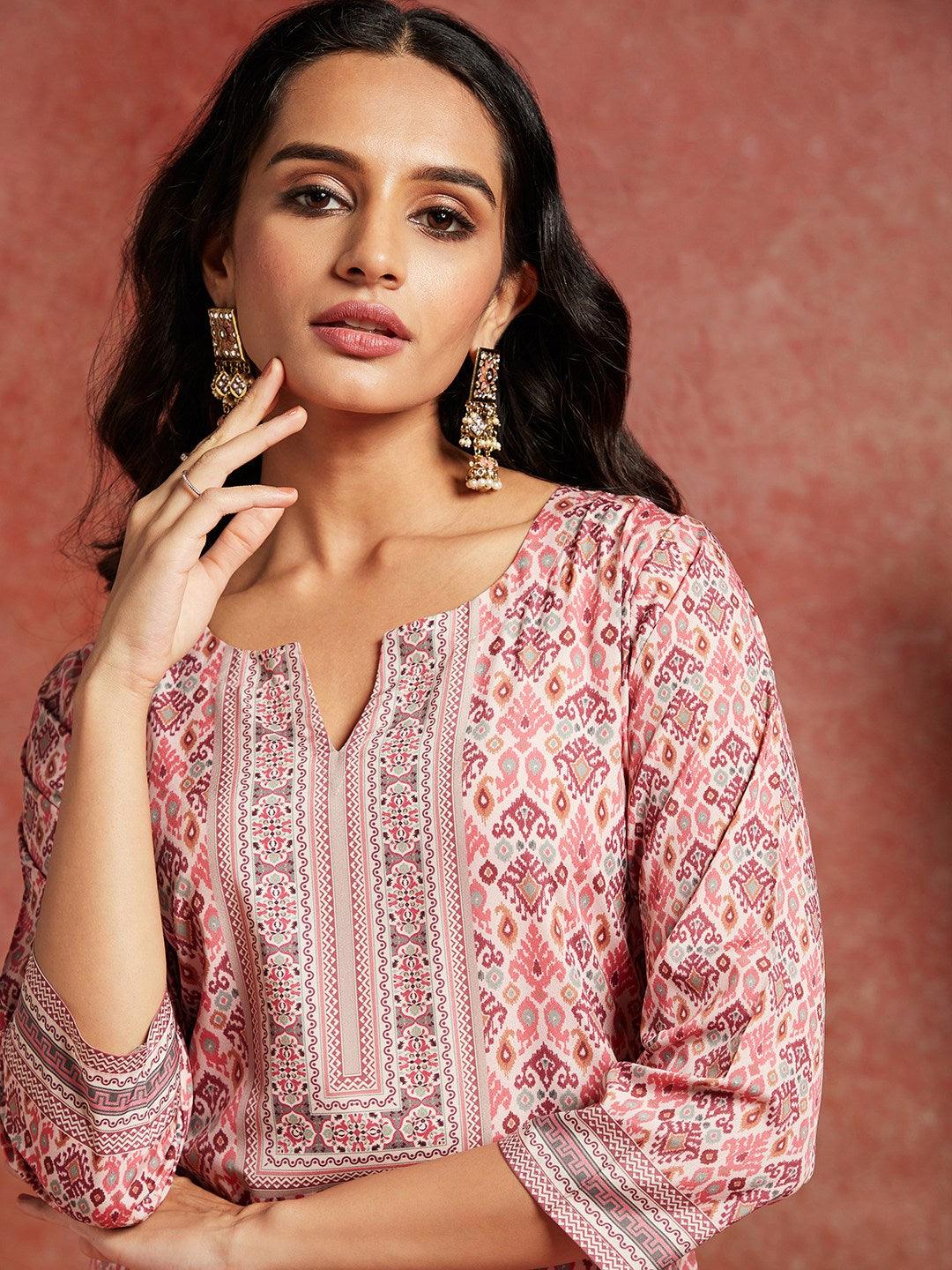 Pink Printed Crepe Straight Kurta - ShopLibas