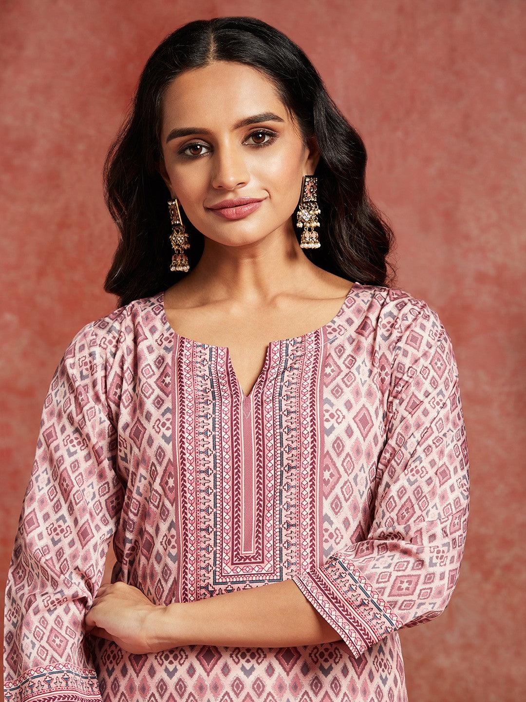Pink Printed Crepe Straight Kurta - ShopLibas 