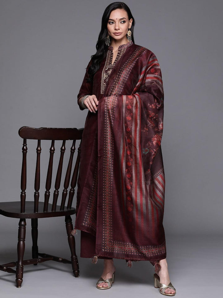 Purple Solid Silk Blend Suit Set - ShopLibas