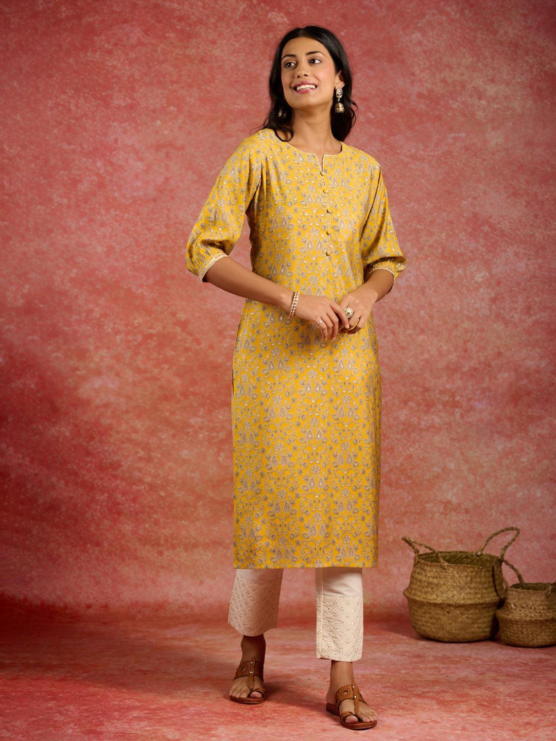 Yellow Printed Silk Straight Kurta - ShopLibas