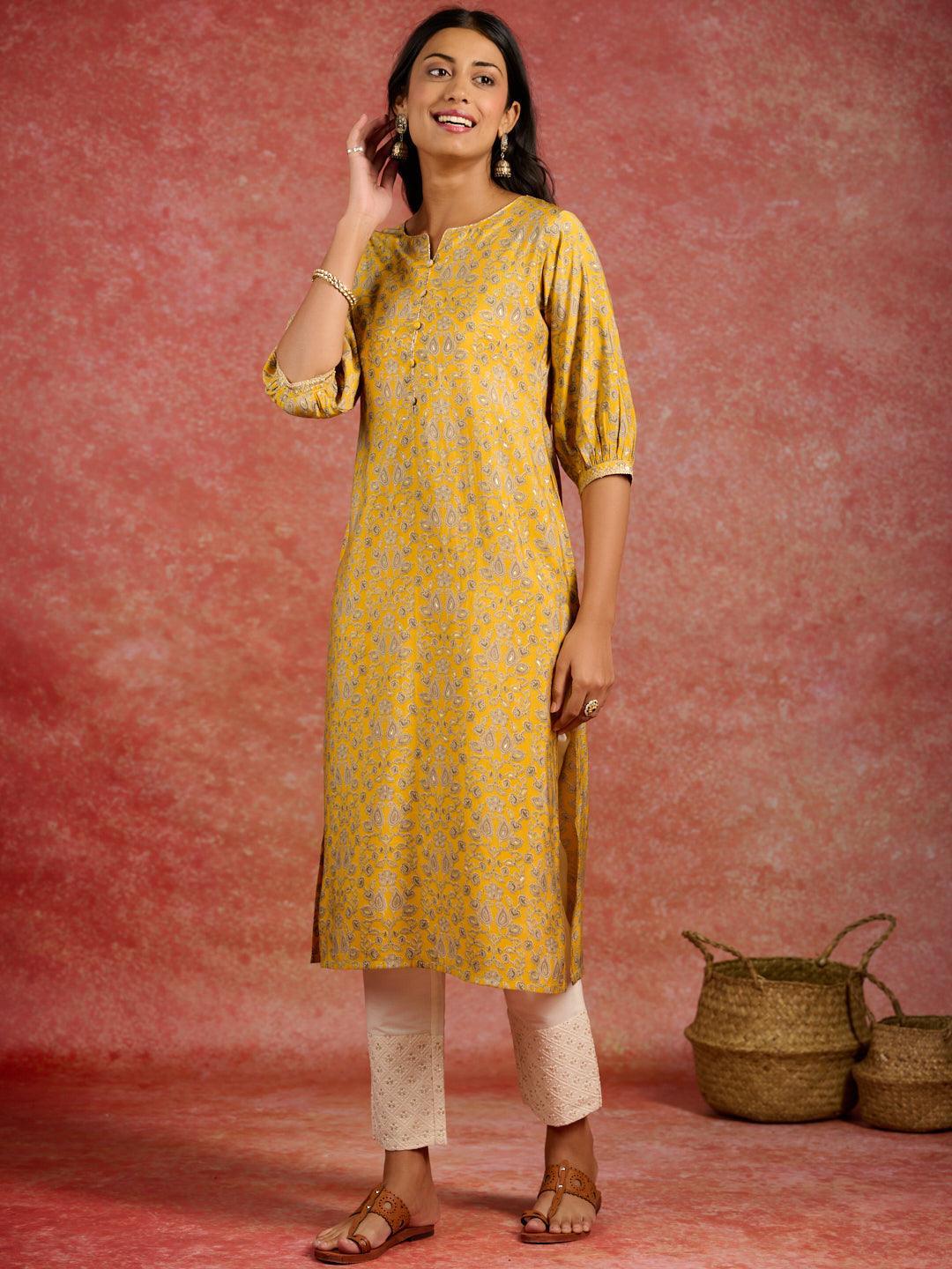 Yellow Printed Silk Straight Kurta - ShopLibas