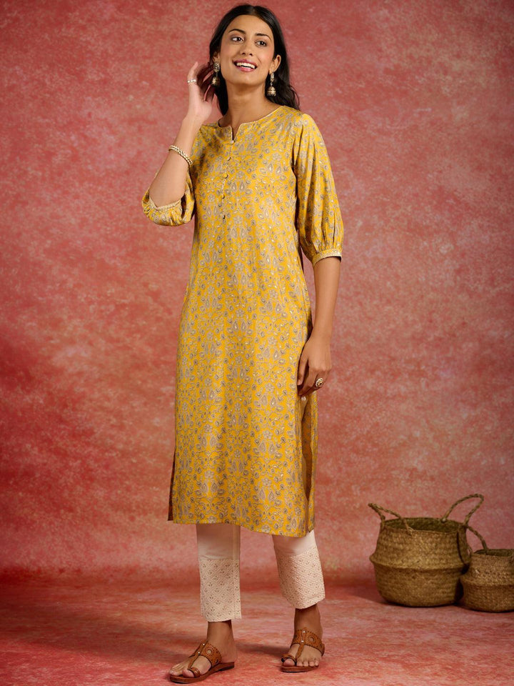 Yellow Printed Silk Straight Kurta - ShopLibas