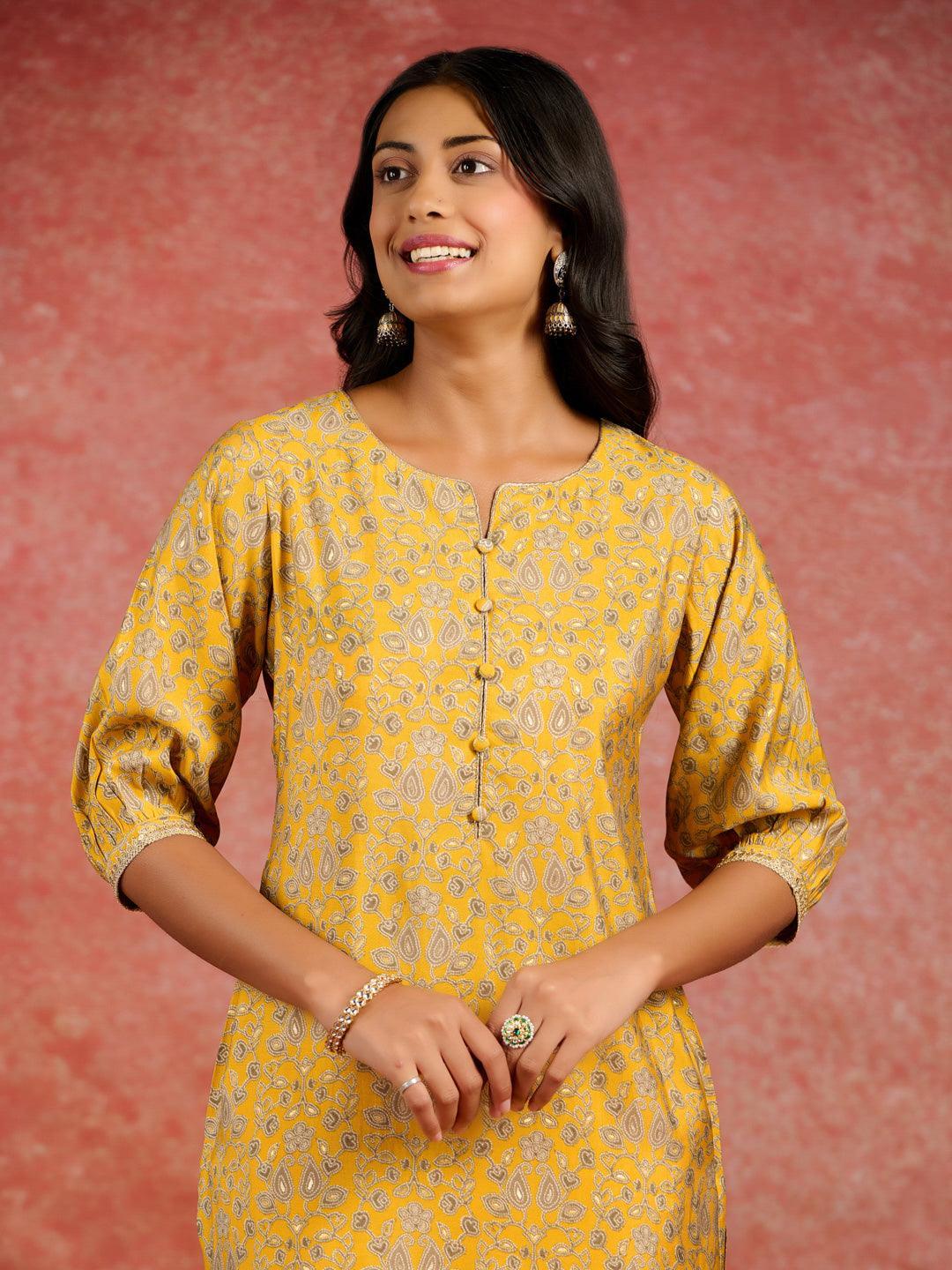Yellow Printed Silk Straight Kurta - ShopLibas