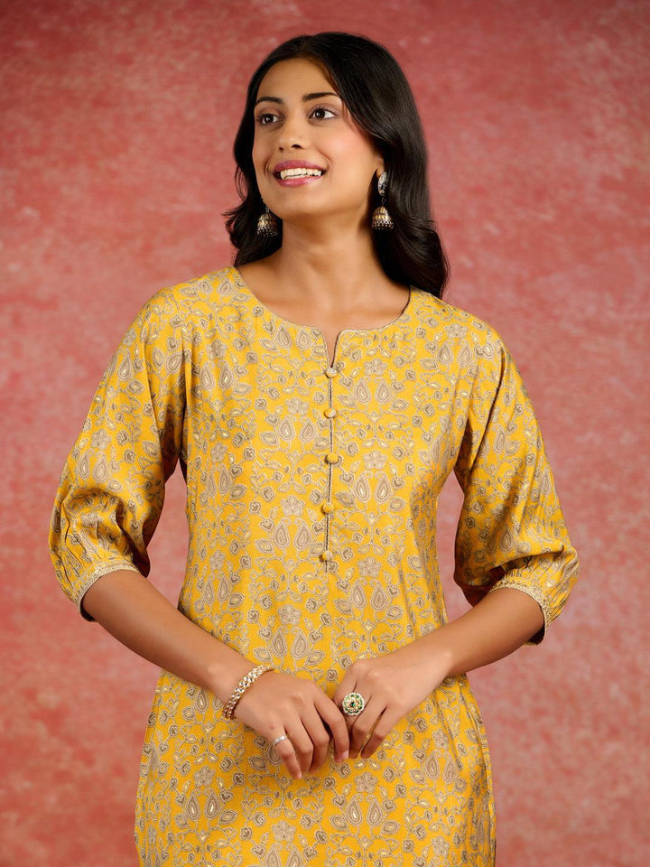 Yellow Printed Silk Straight Kurta - ShopLibas