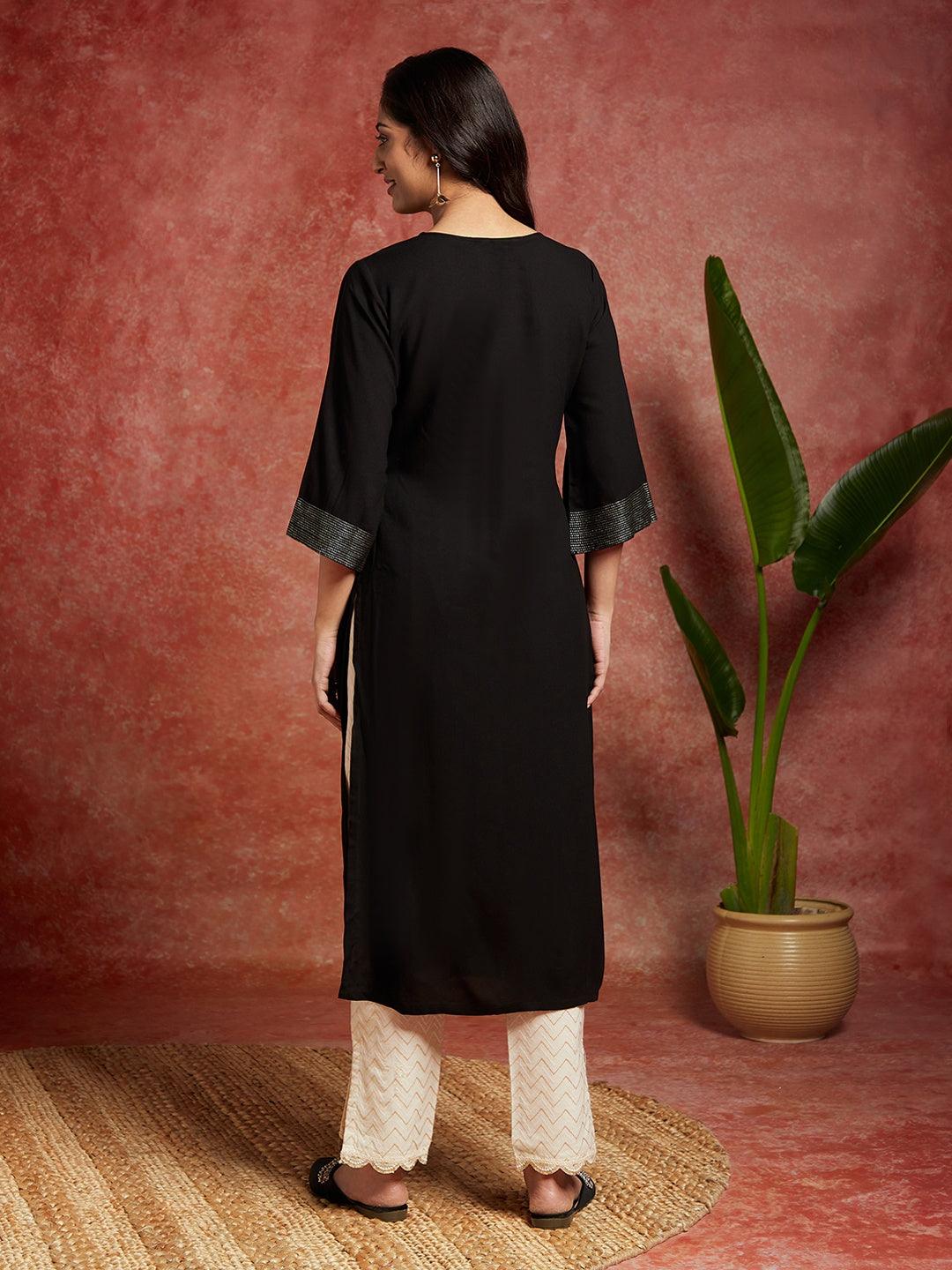 Black Solid Rayon Straight Kurta - ShopLibas