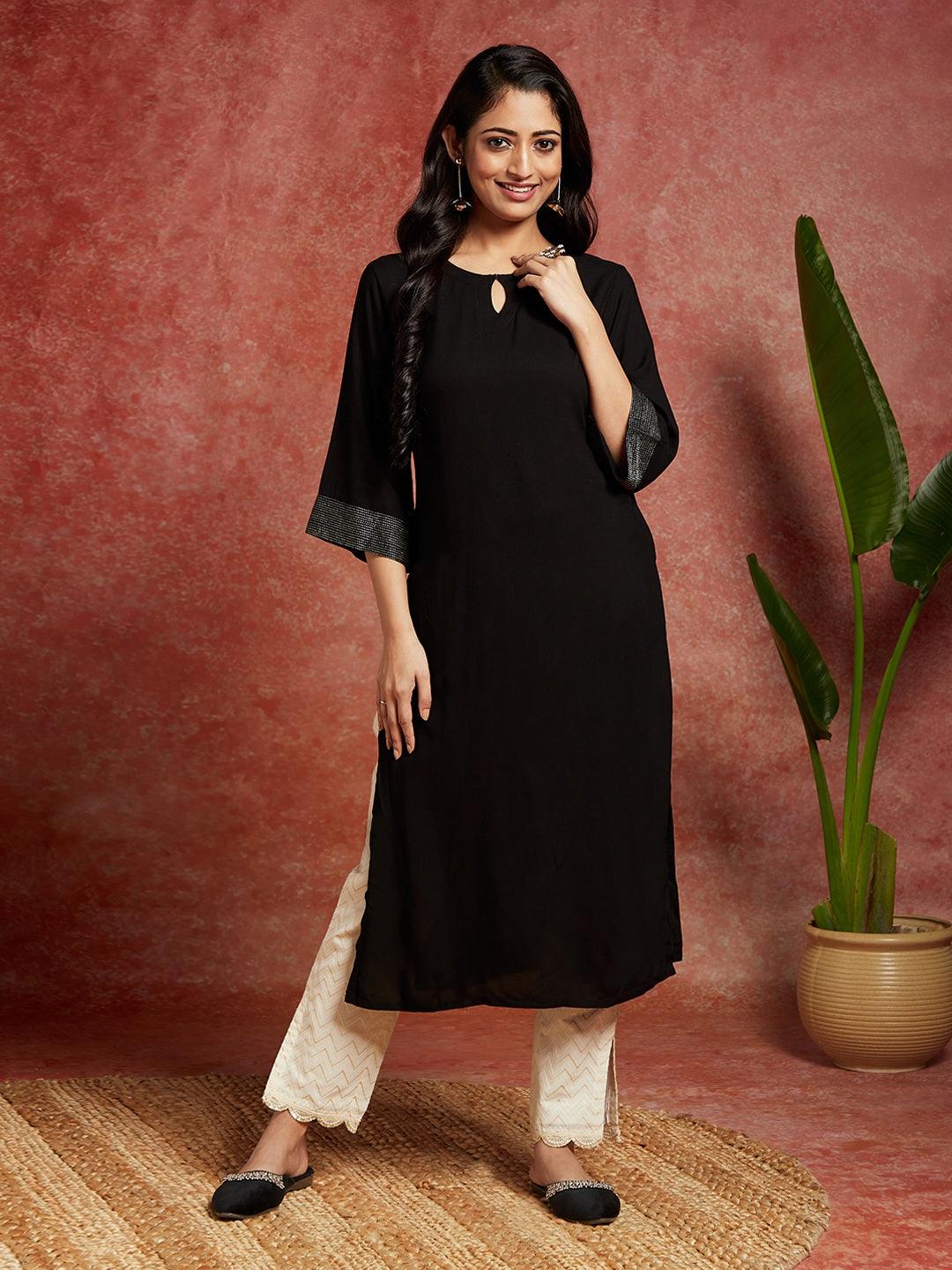 Black Solid Rayon Straight Kurta - ShopLibas