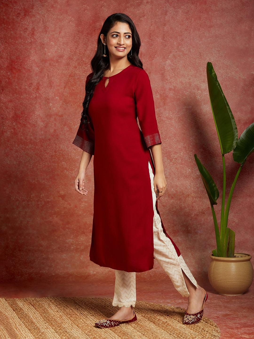 Maroon Solid Rayon Straight Kurta - ShopLibas 