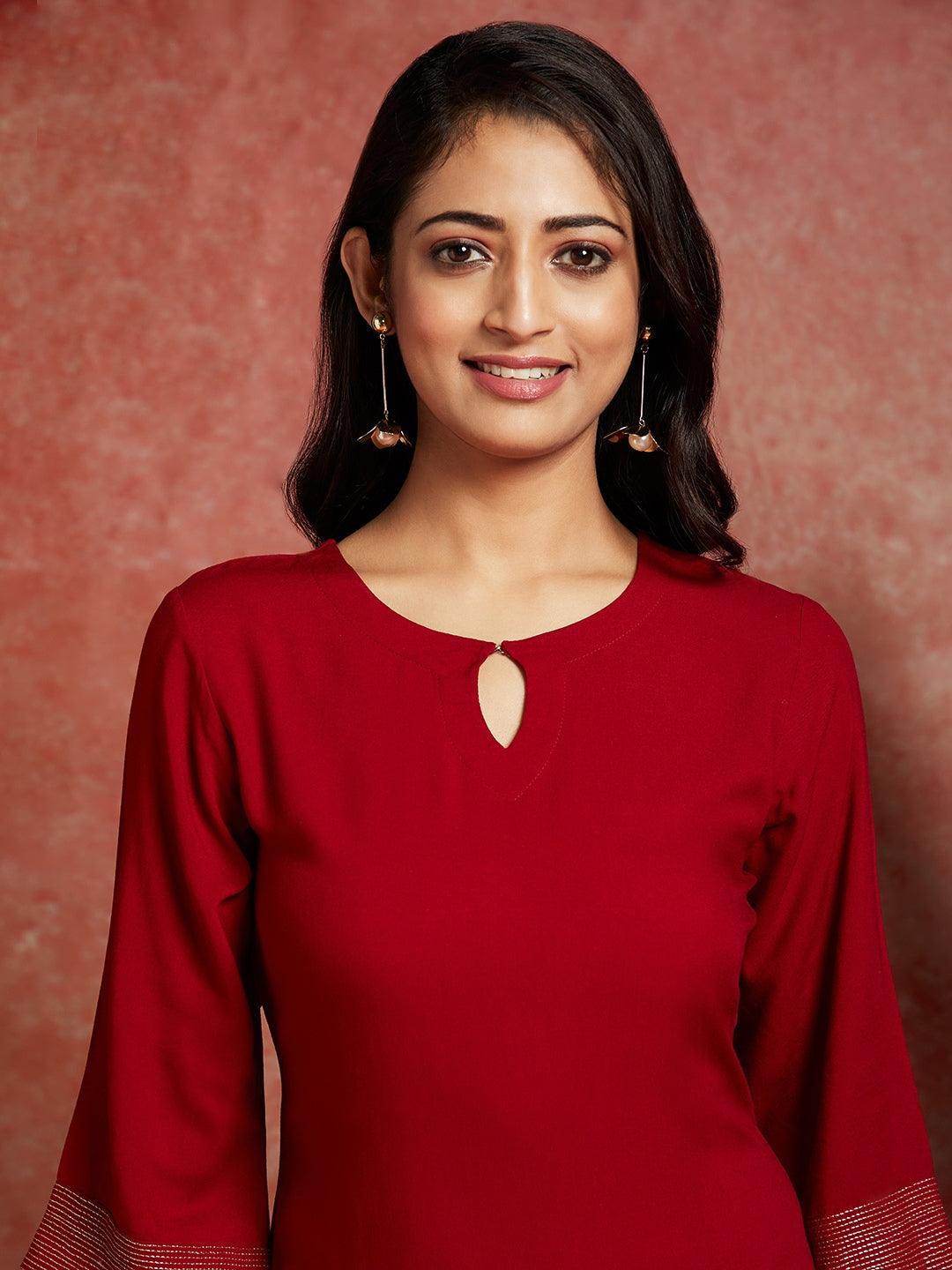 Maroon Solid Rayon Straight Kurta - ShopLibas 