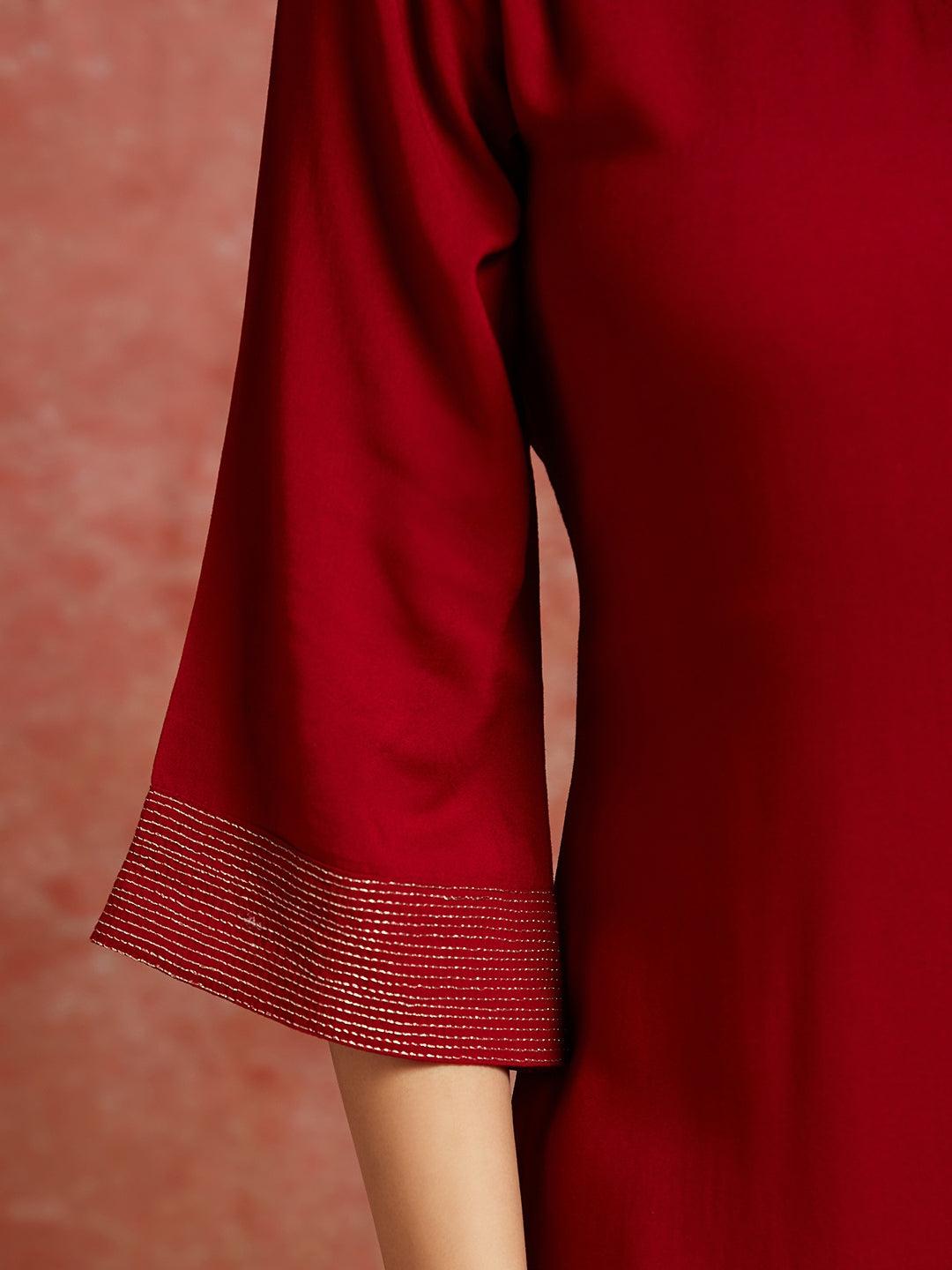 Maroon Solid Rayon Straight Kurta - ShopLibas 