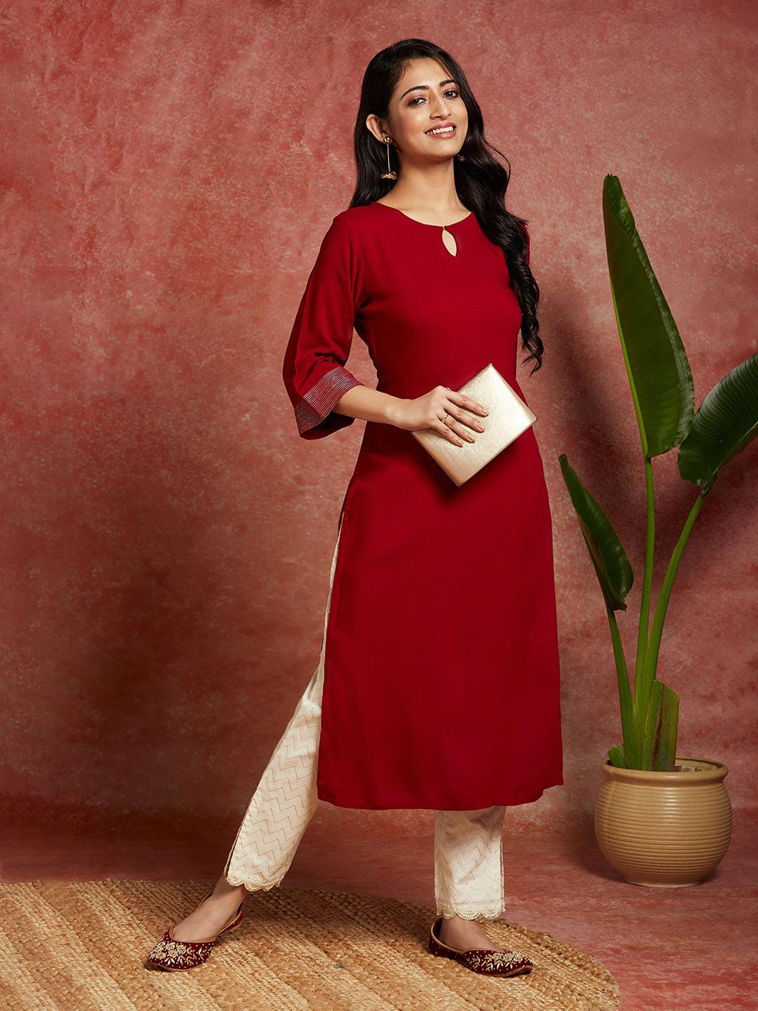 Maroon Solid Rayon Straight Kurta - ShopLibas
