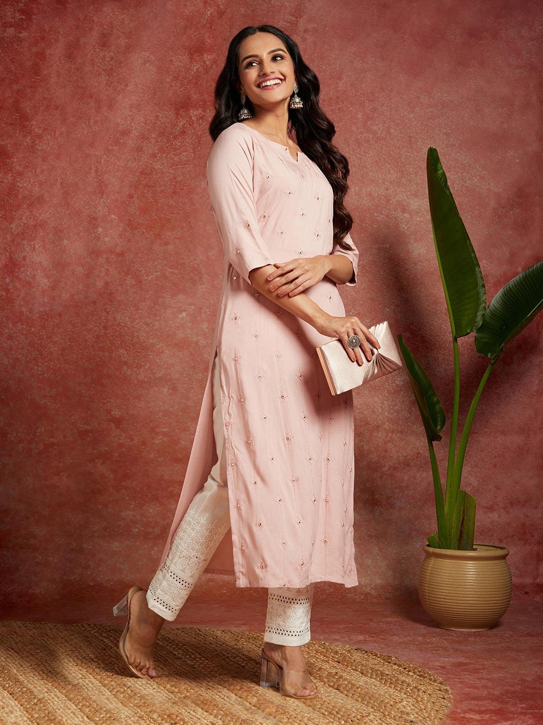 Pink Embroidered Rayon Straight Kurta - ShopLibas 