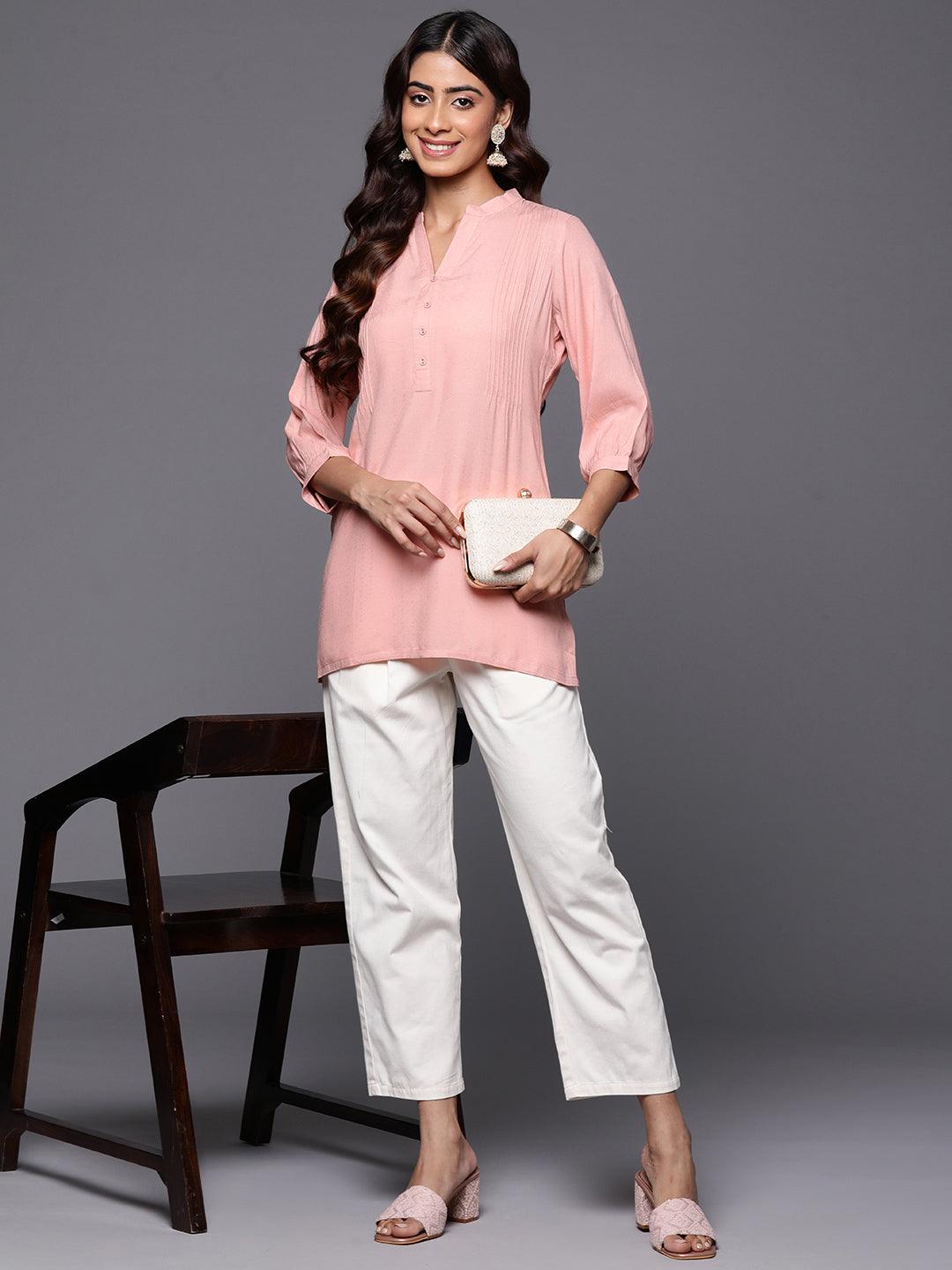 Peach Woven Design Rayon Straight Kurti - ShopLibas