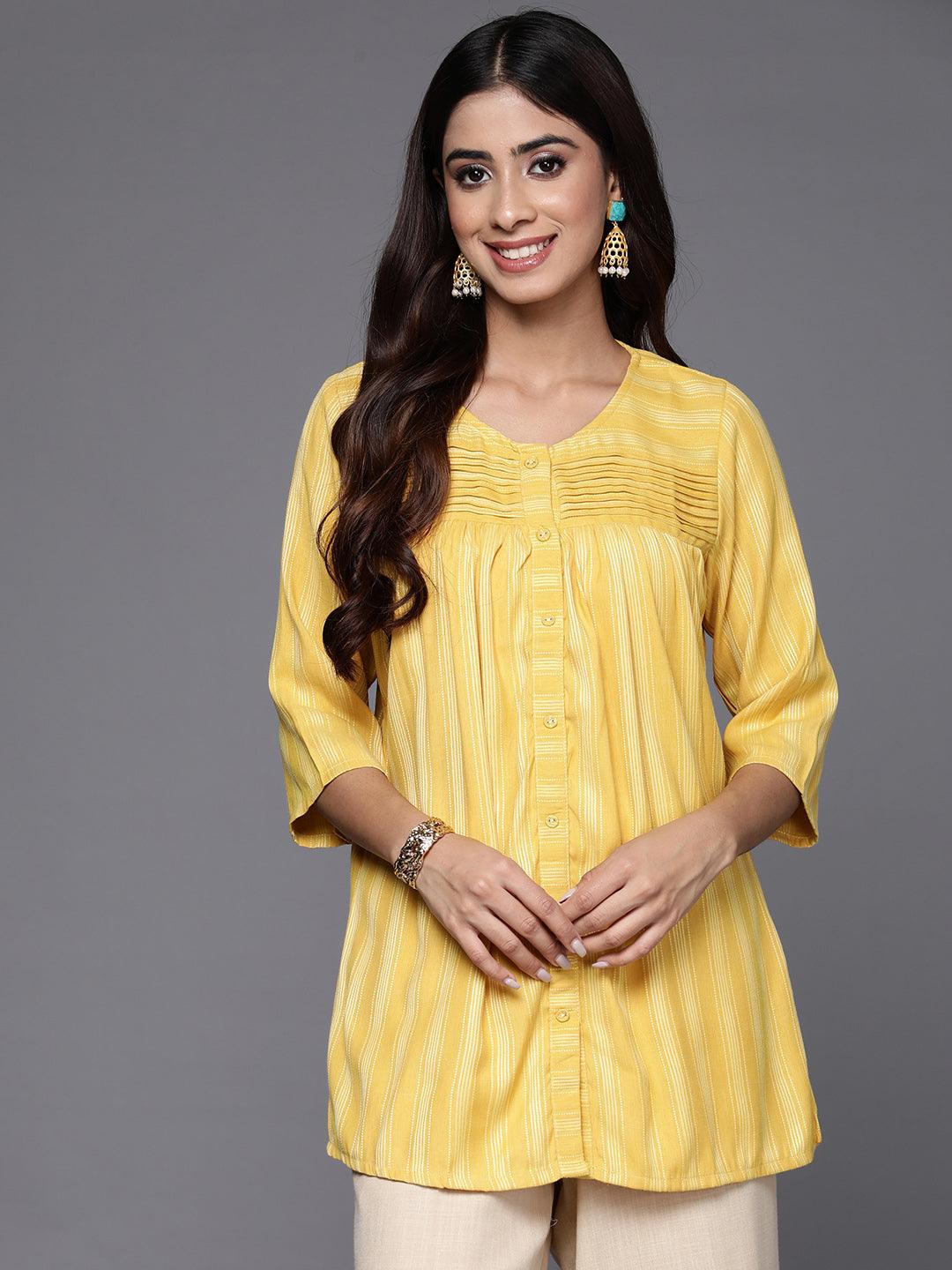 Yellow Striped Rayon Straight Kurti - ShopLibas 
