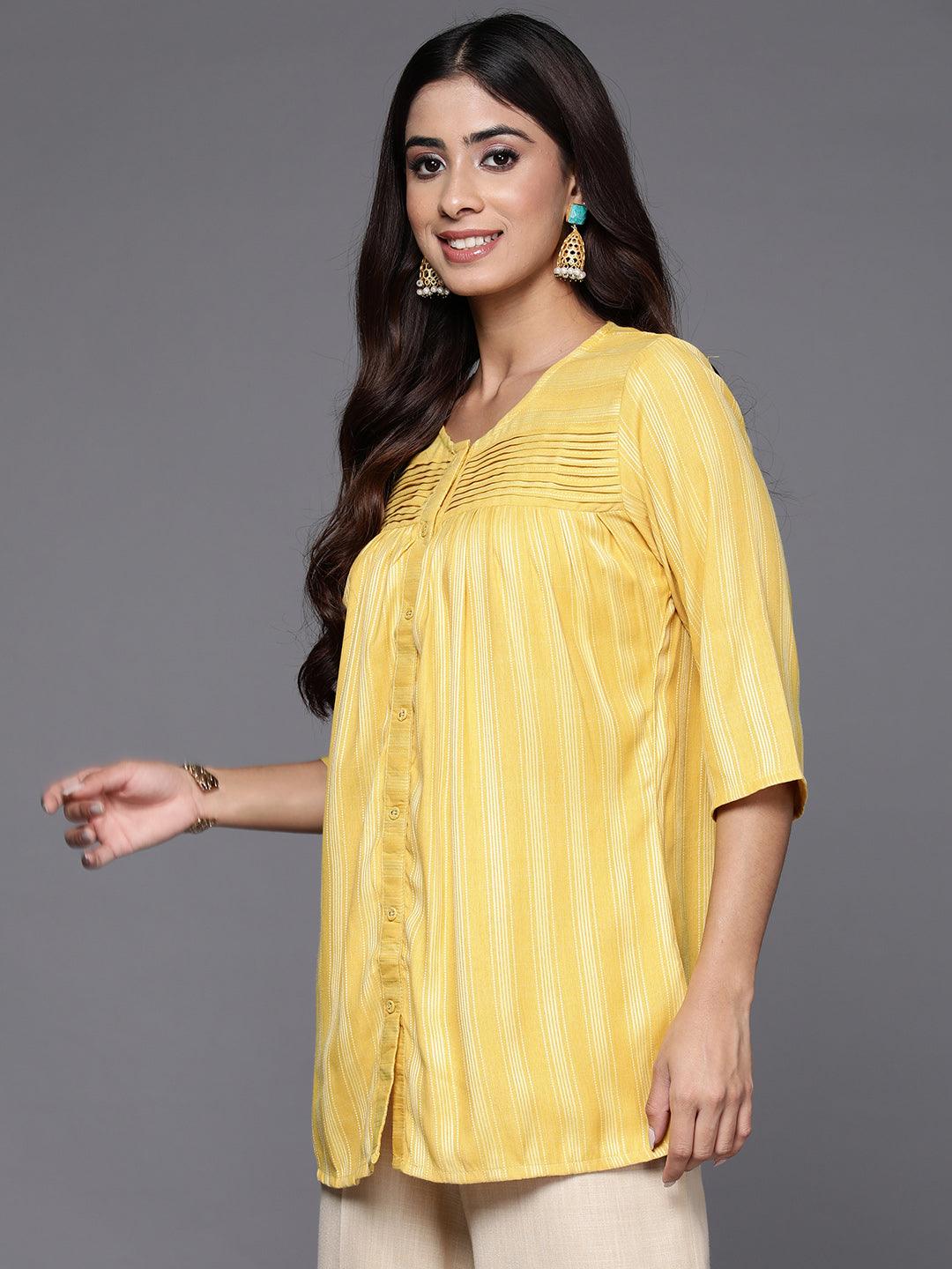 Yellow Striped Rayon Straight Kurti - ShopLibas 