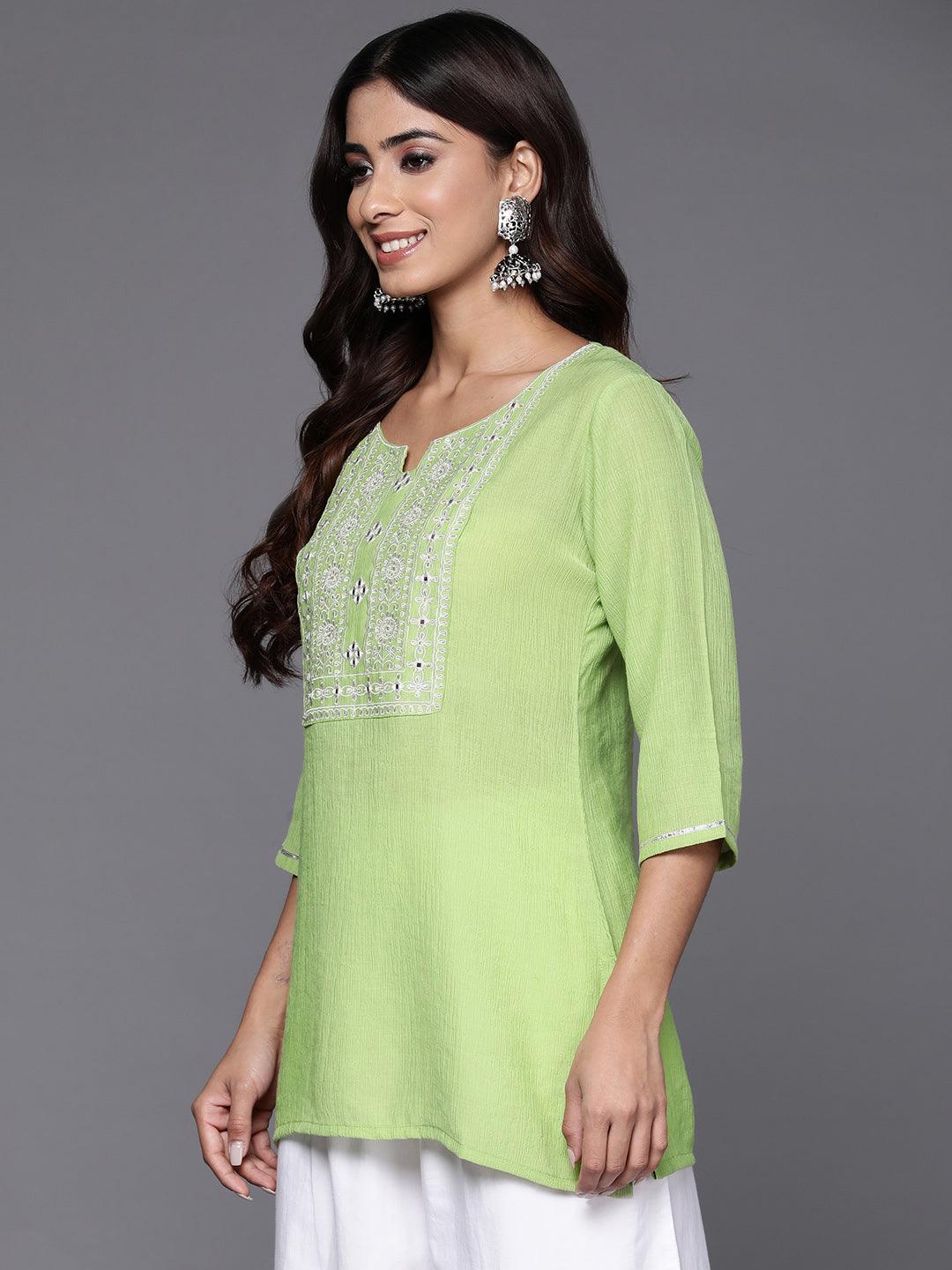 Green Yoke Design Cotton Blend Straight Kurti - ShopLibas 