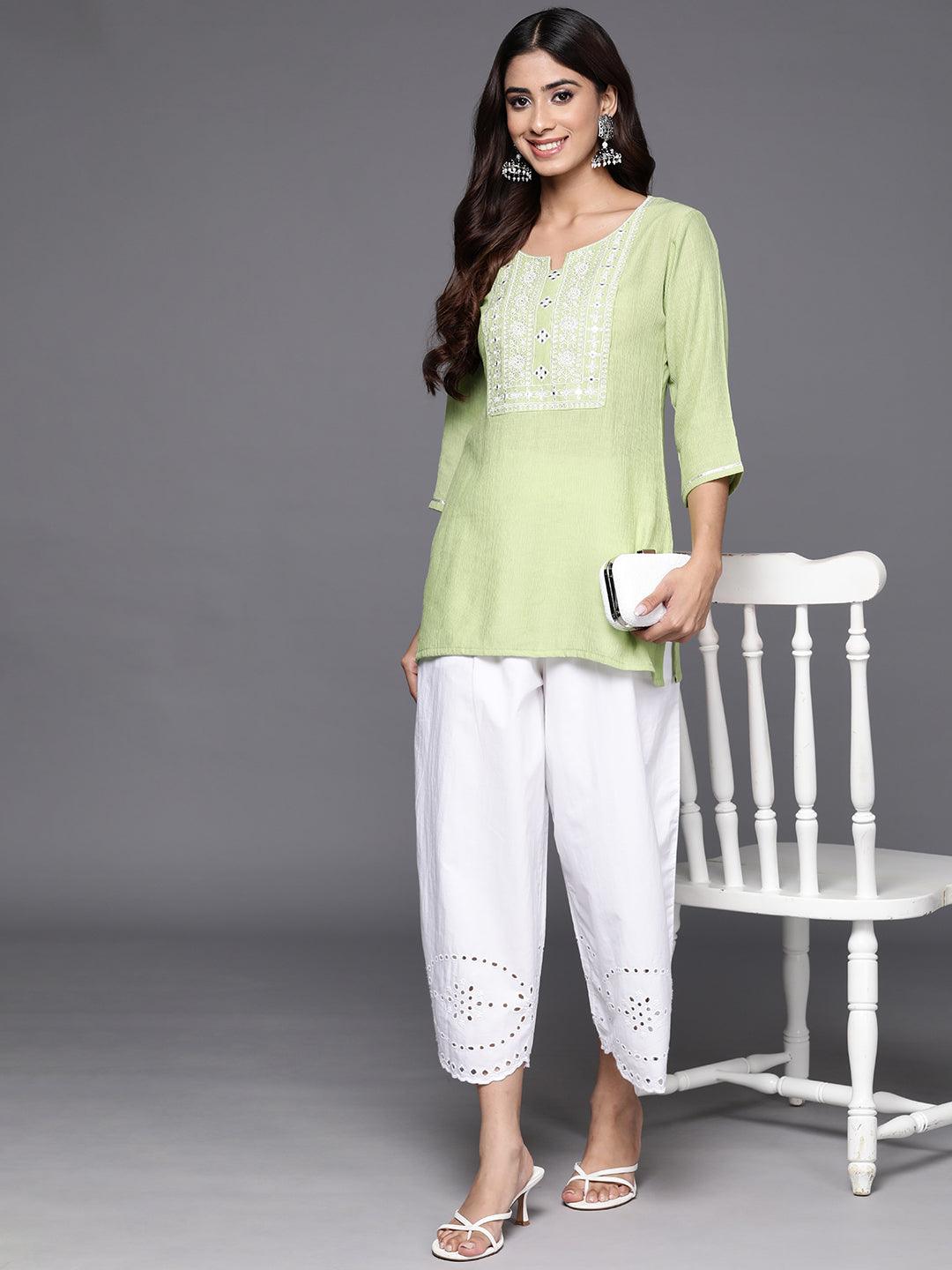 Green Yoke Design Cotton Blend Straight Kurti - ShopLibas