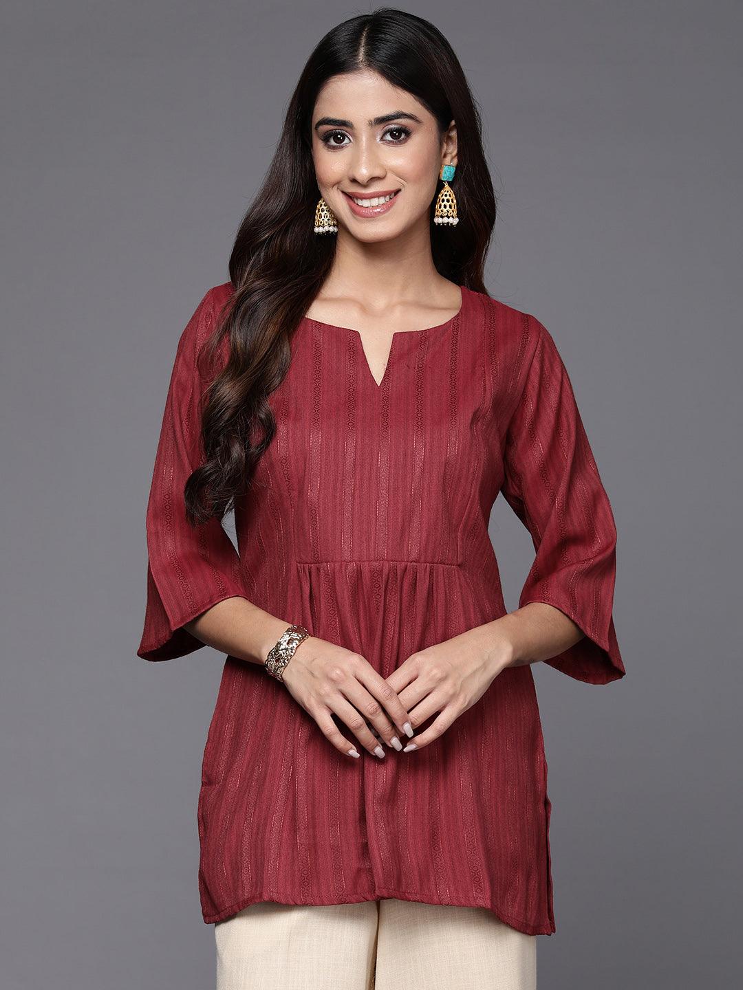 Maroon Woven Design Rayon A-Line Kurti - ShopLibas