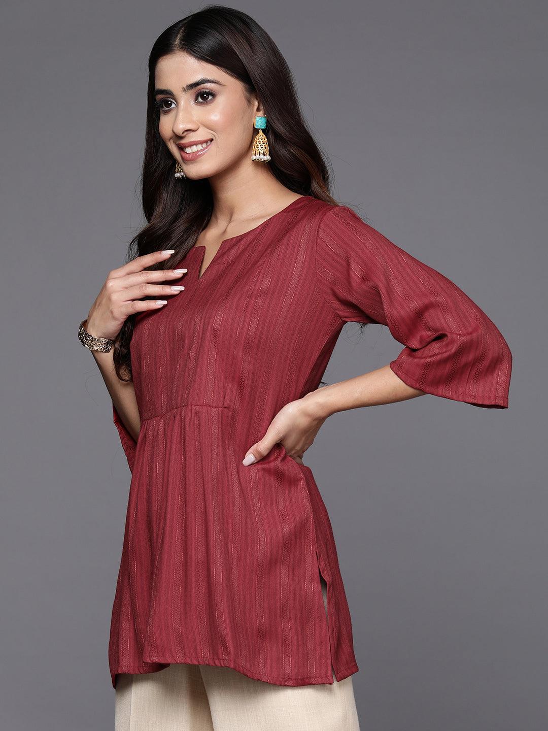 Maroon Woven Design Rayon A-Line Kurti - ShopLibas