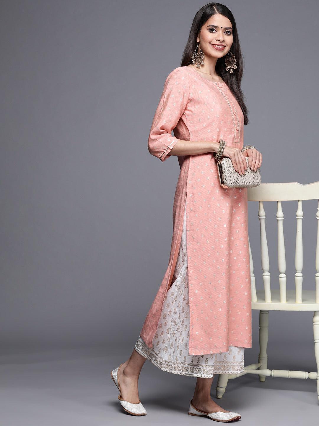 Pink Woven Design Chanderi Silk Kurta - ShopLibas