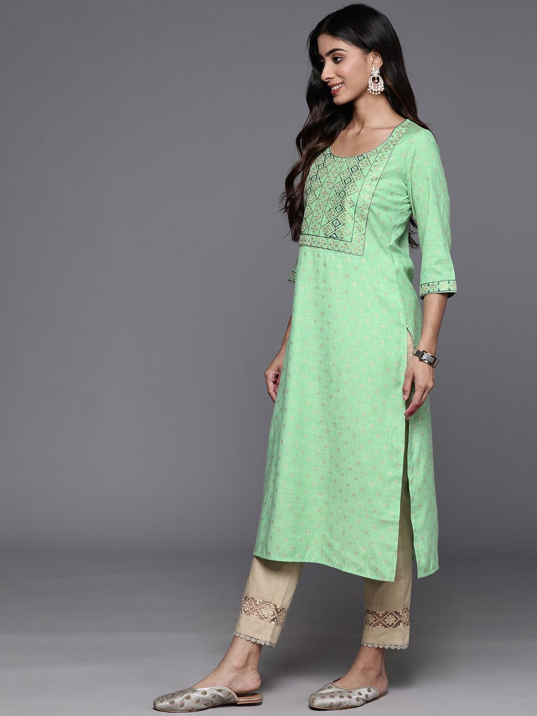 Green Printed Rayon Straight Kurta - ShopLibas 