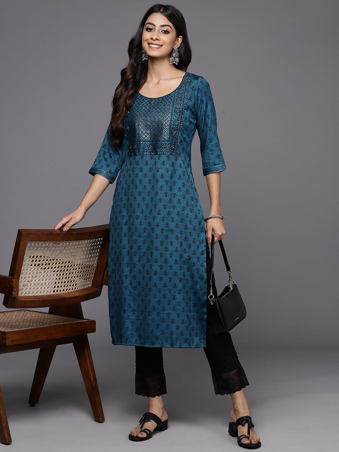 Blue Printed Rayon Straight Kurta - ShopLibas