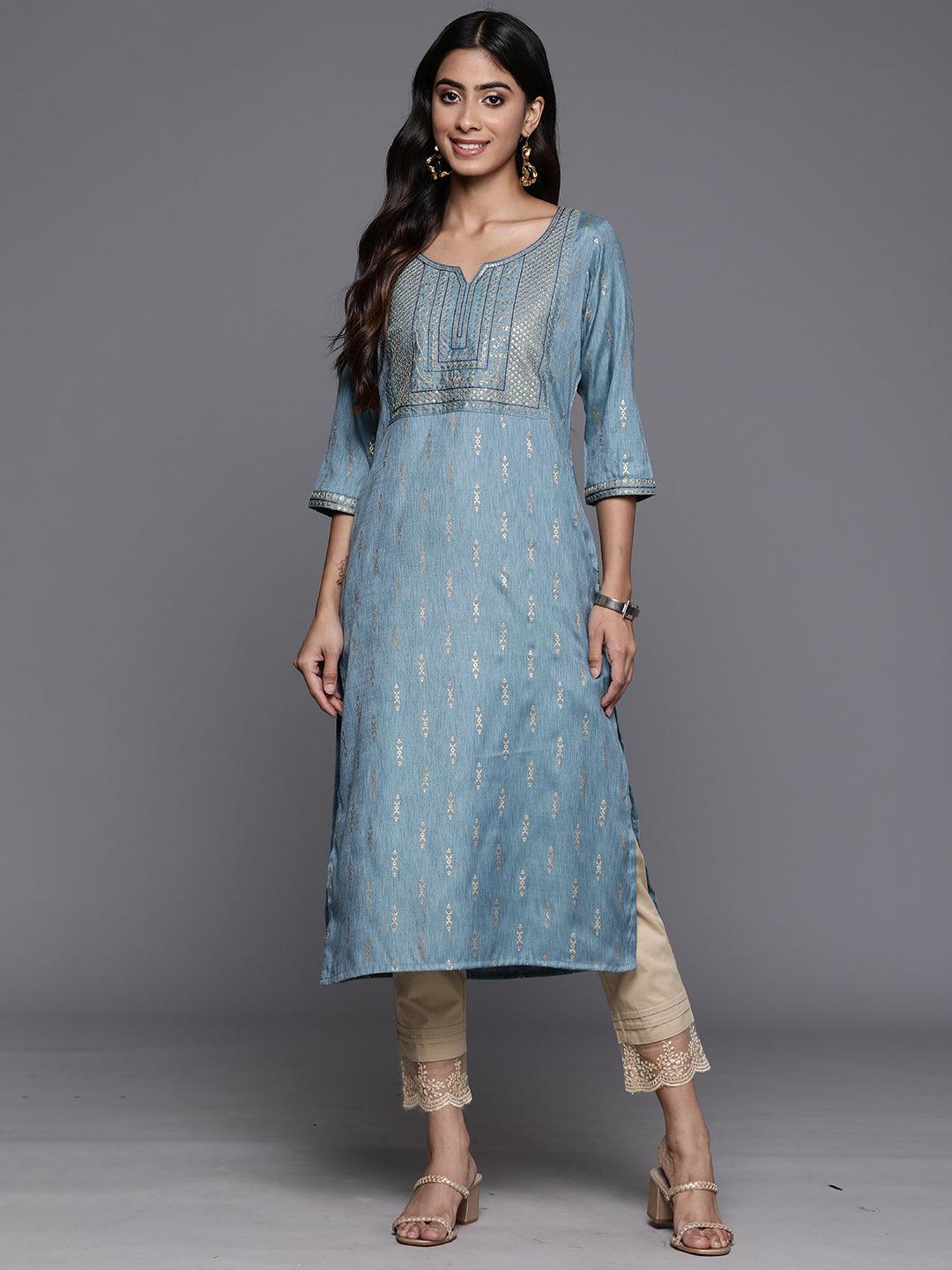 Blue Printed Rayon Straight Kurta - ShopLibas