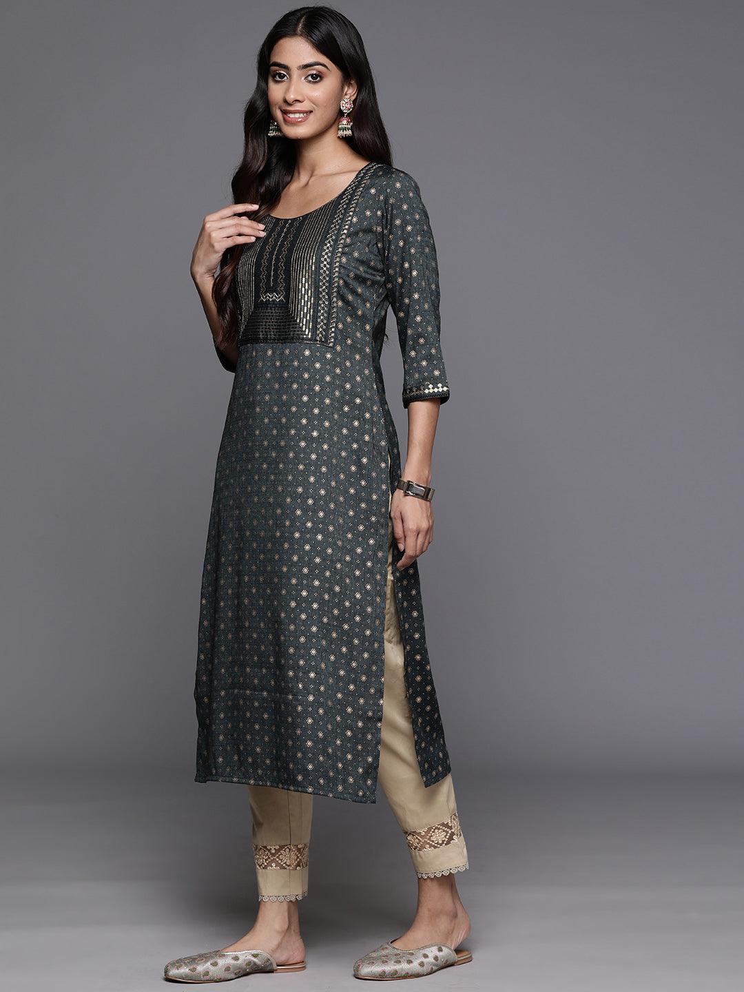 Grey Printed Rayon Straight Kurta - ShopLibas 