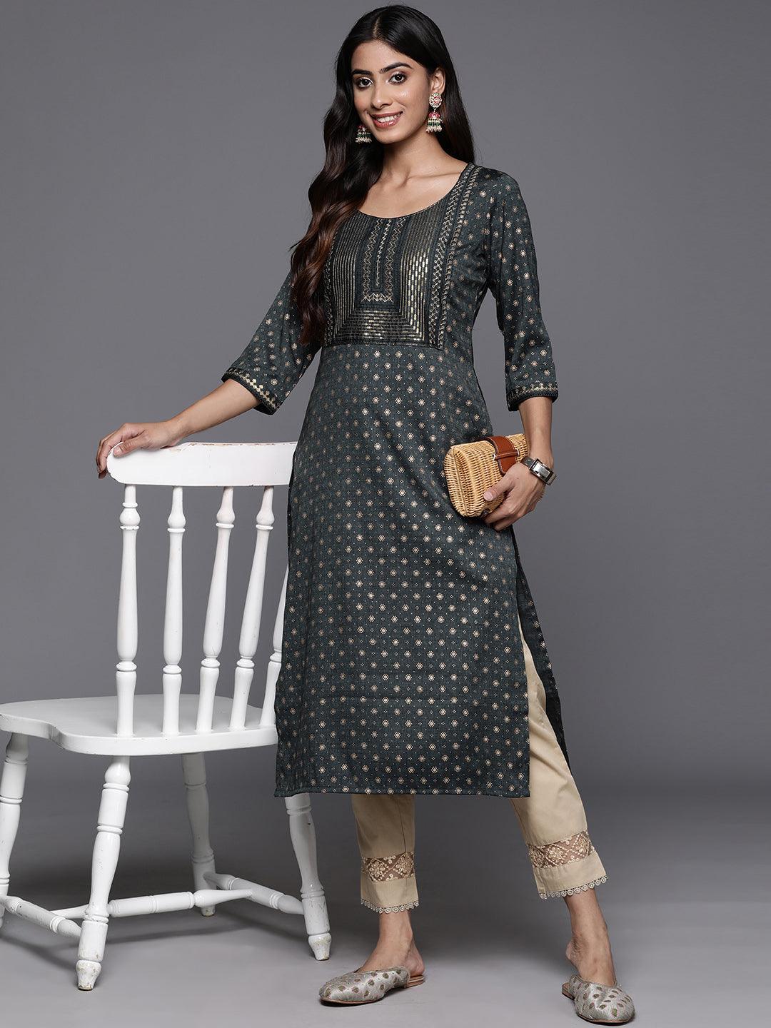 Grey Printed Rayon Straight Kurta - ShopLibas