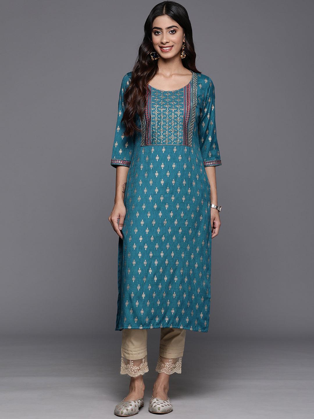 Blue Printed Rayon Straight Kurta - ShopLibas 