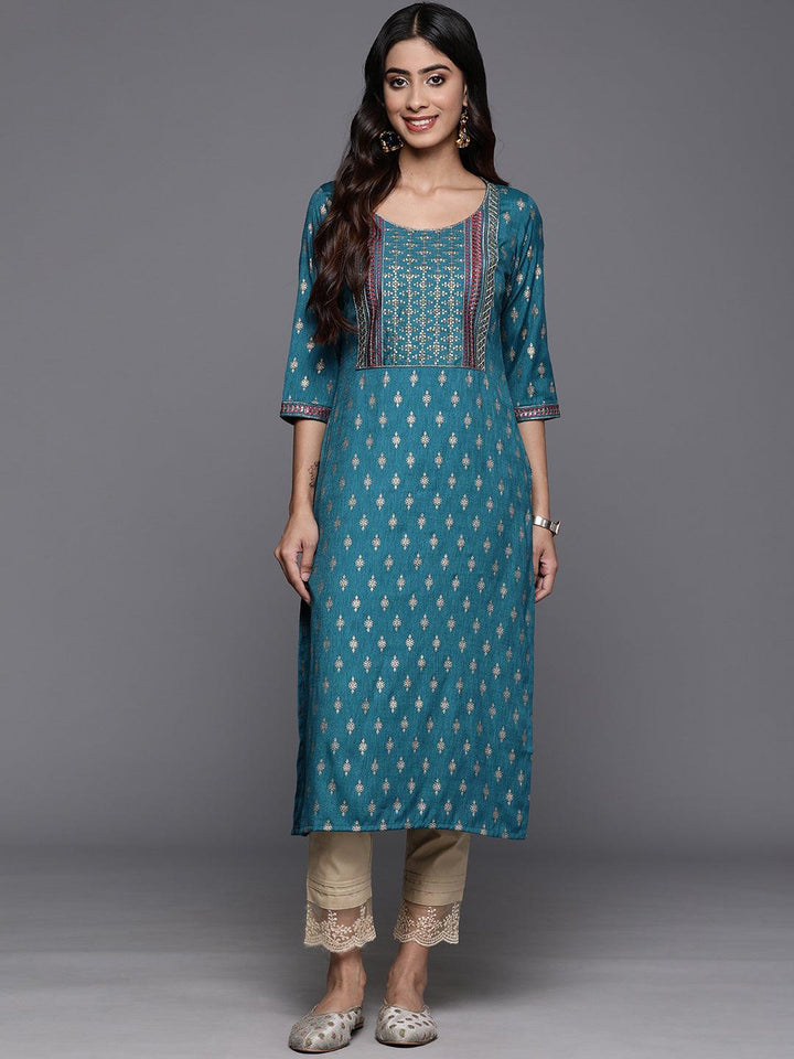 Blue Printed Rayon Straight Kurta