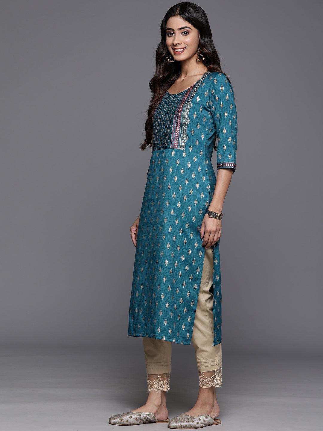 Blue Printed Rayon Straight Kurta - ShopLibas 