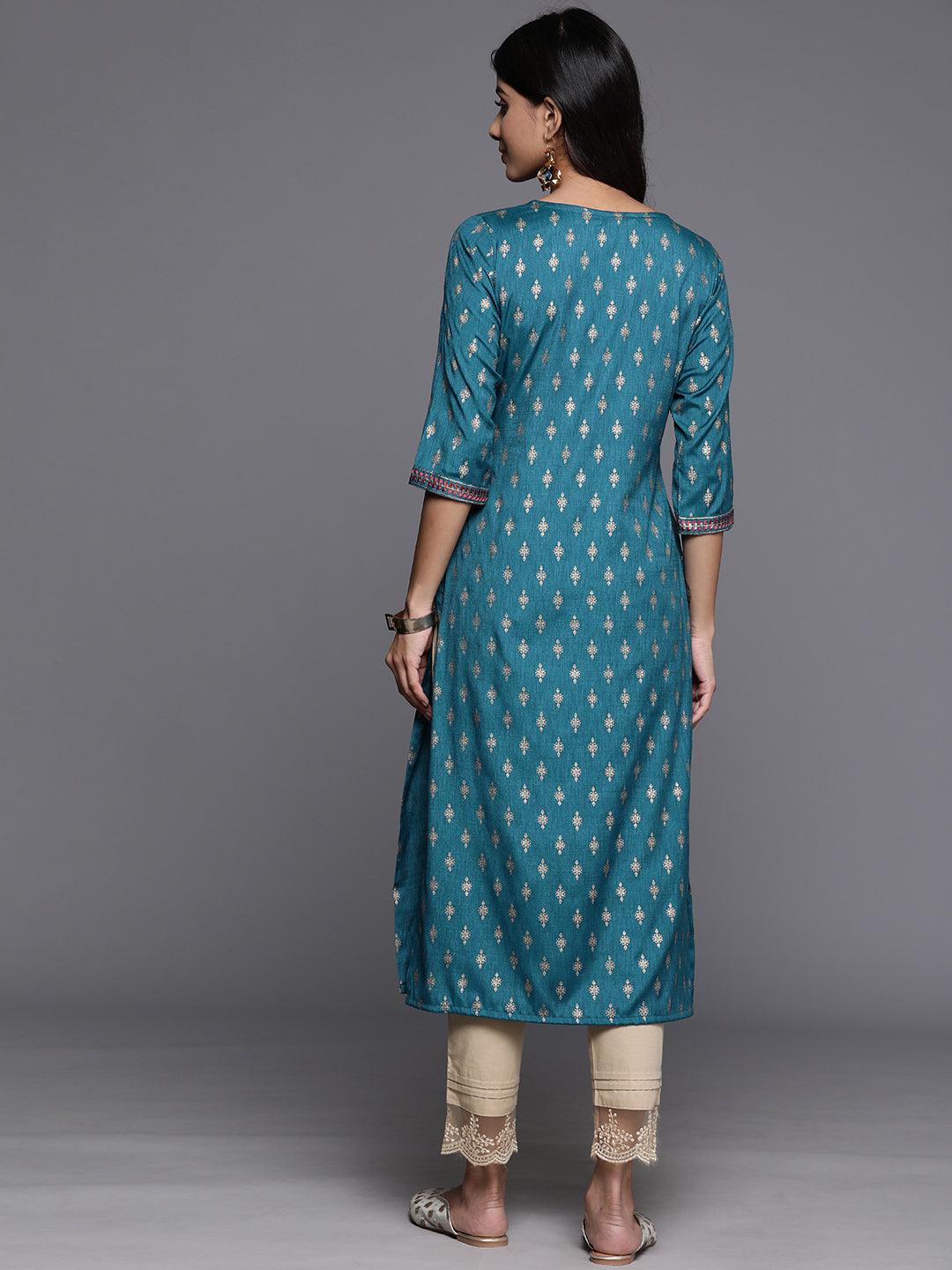 Blue Printed Rayon Straight Kurta - ShopLibas 