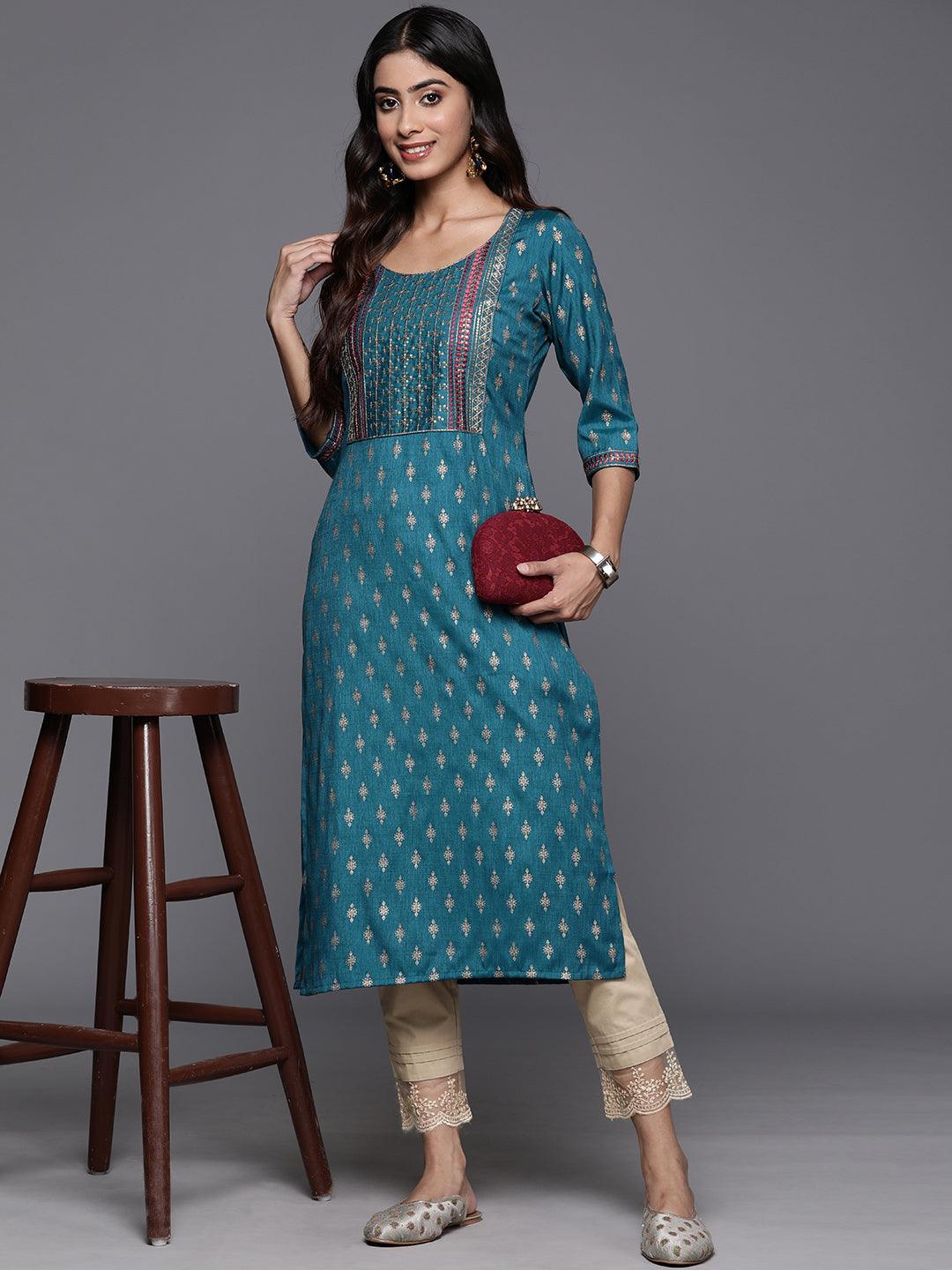 Blue Printed Rayon Straight Kurta - ShopLibas