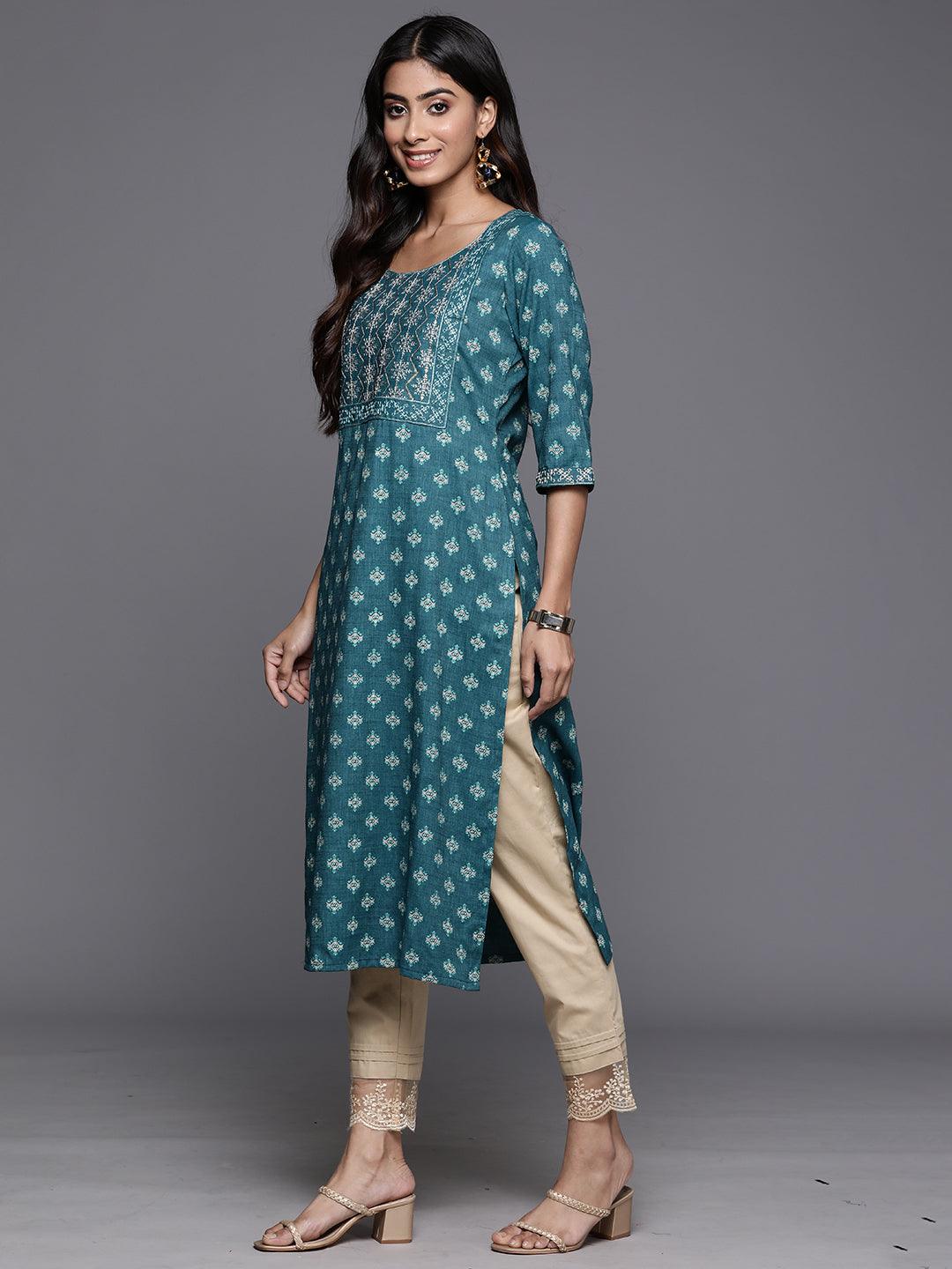 Teal Printed Rayon Straight Kurta - ShopLibas 