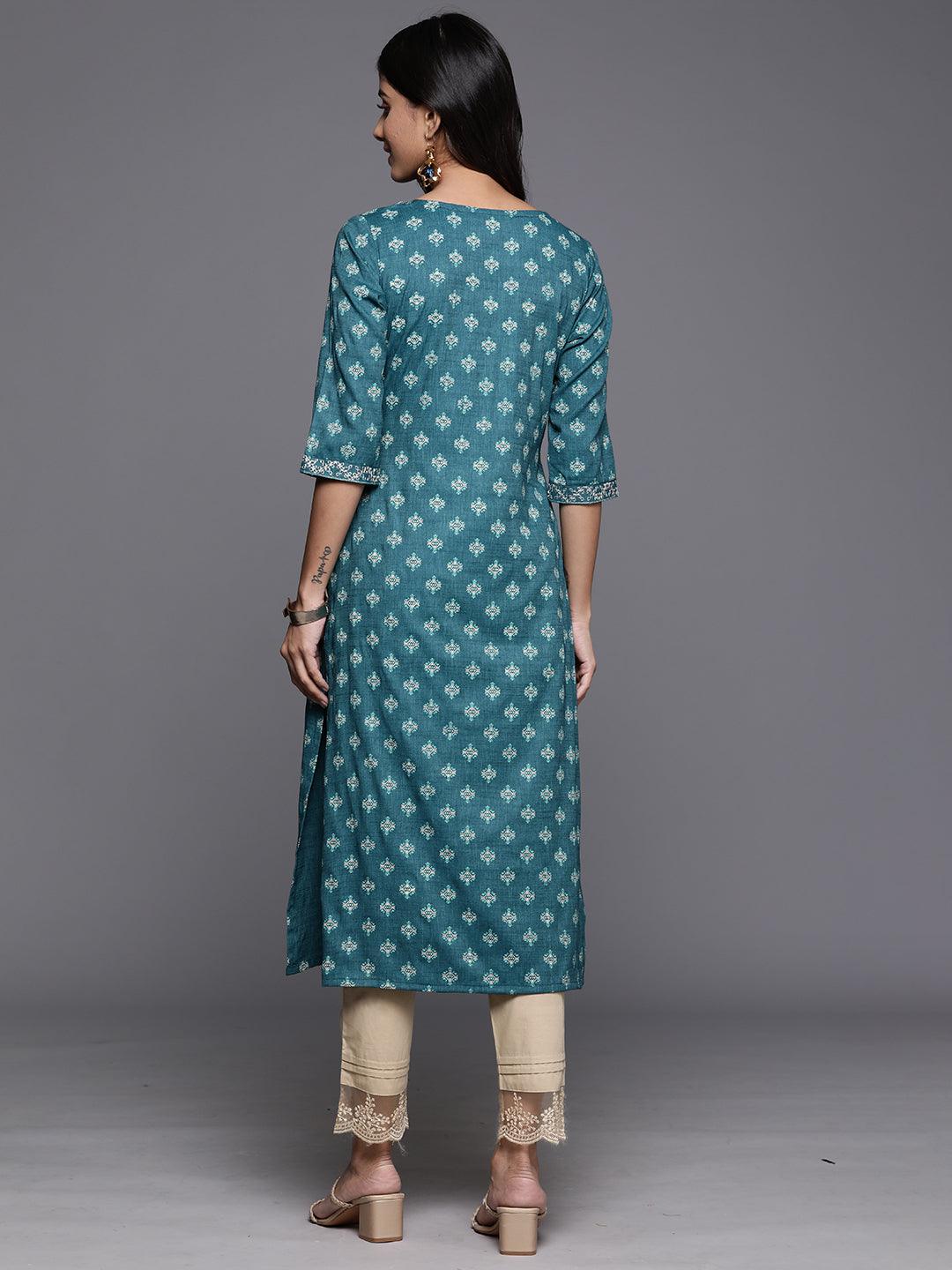 Teal Printed Rayon Straight Kurta - ShopLibas 