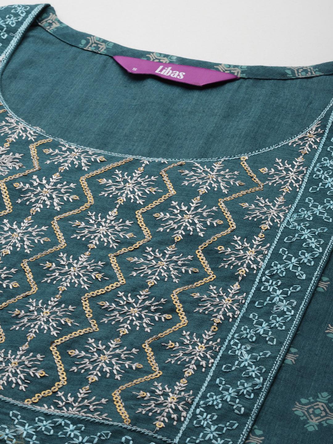 Teal Printed Rayon Straight Kurta - ShopLibas 