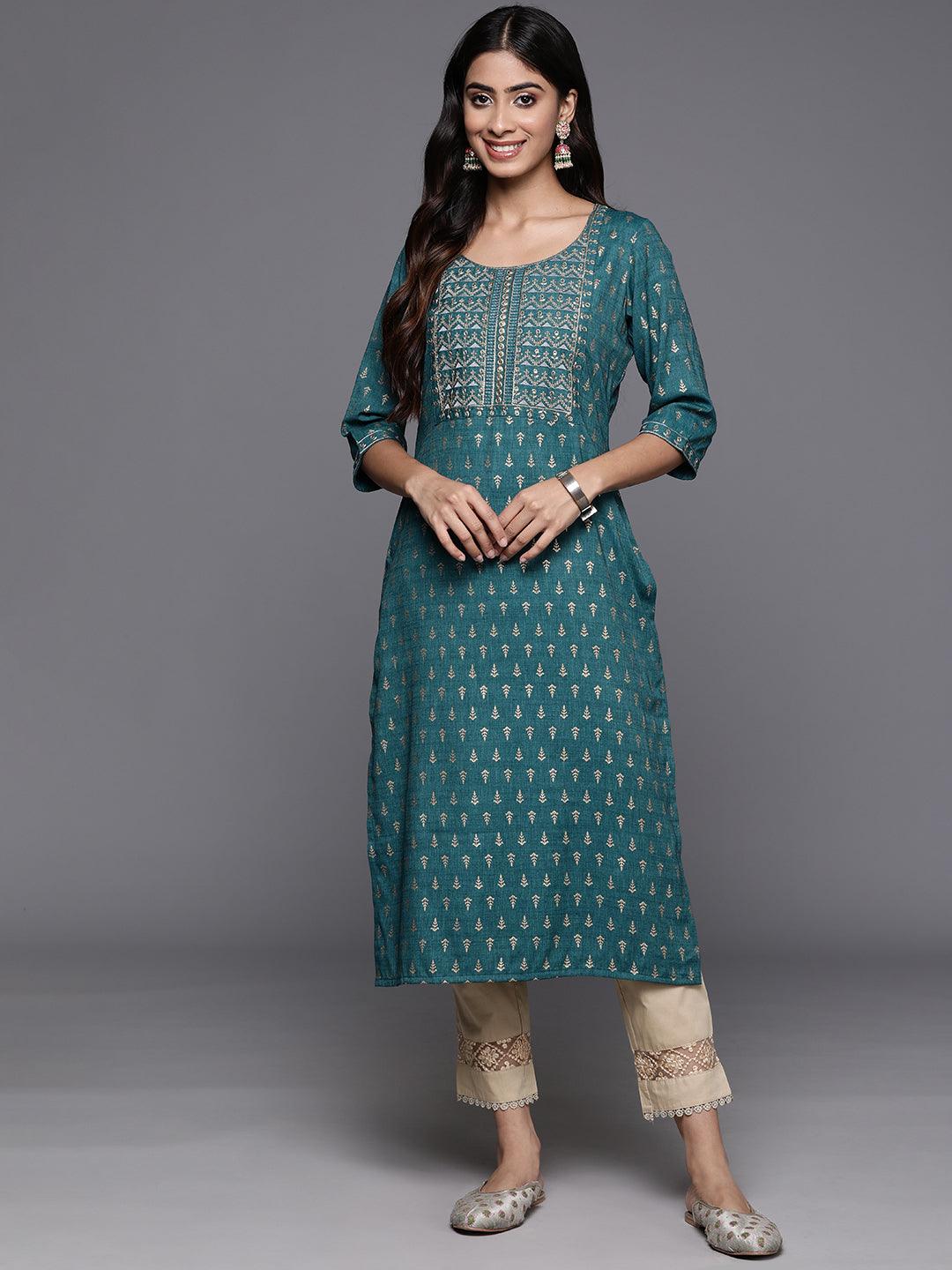 Teal Printed Rayon Straight Kurta - ShopLibas 