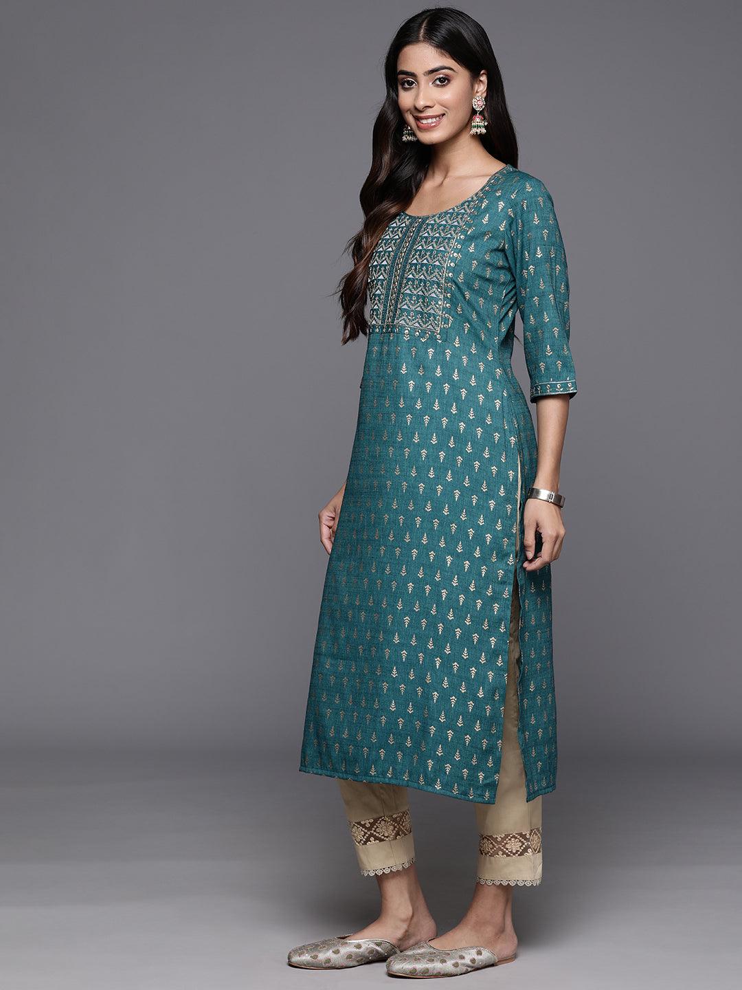 Teal Printed Rayon Straight Kurta - ShopLibas 